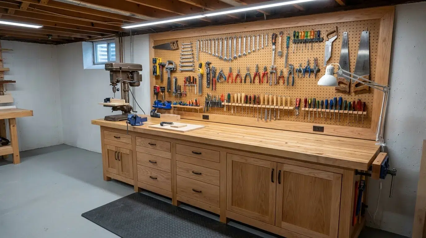 Basement workshop with pegboard tool wall, wood workbench, drill press, and drawer storage