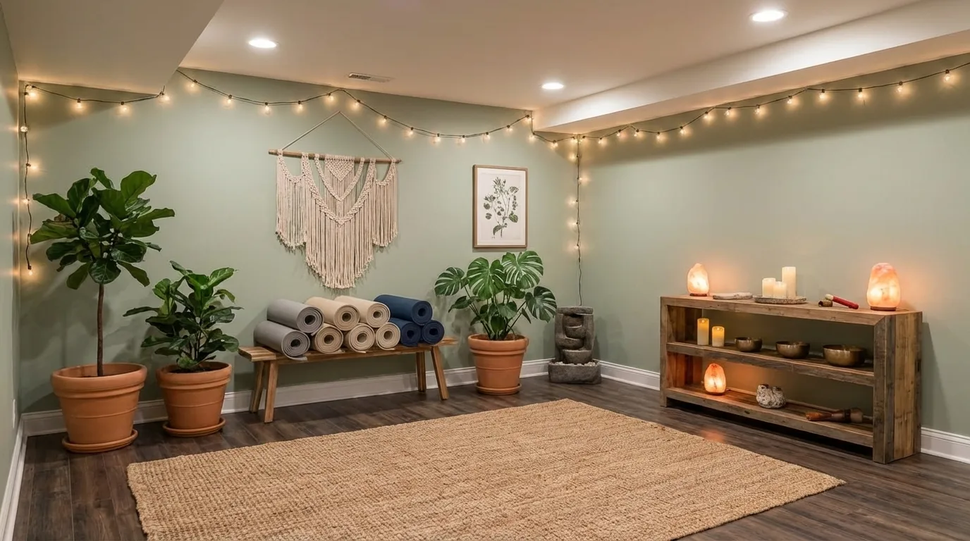 Basement yoga room with rolled mats, sage green walls, string lights, and salt lamps