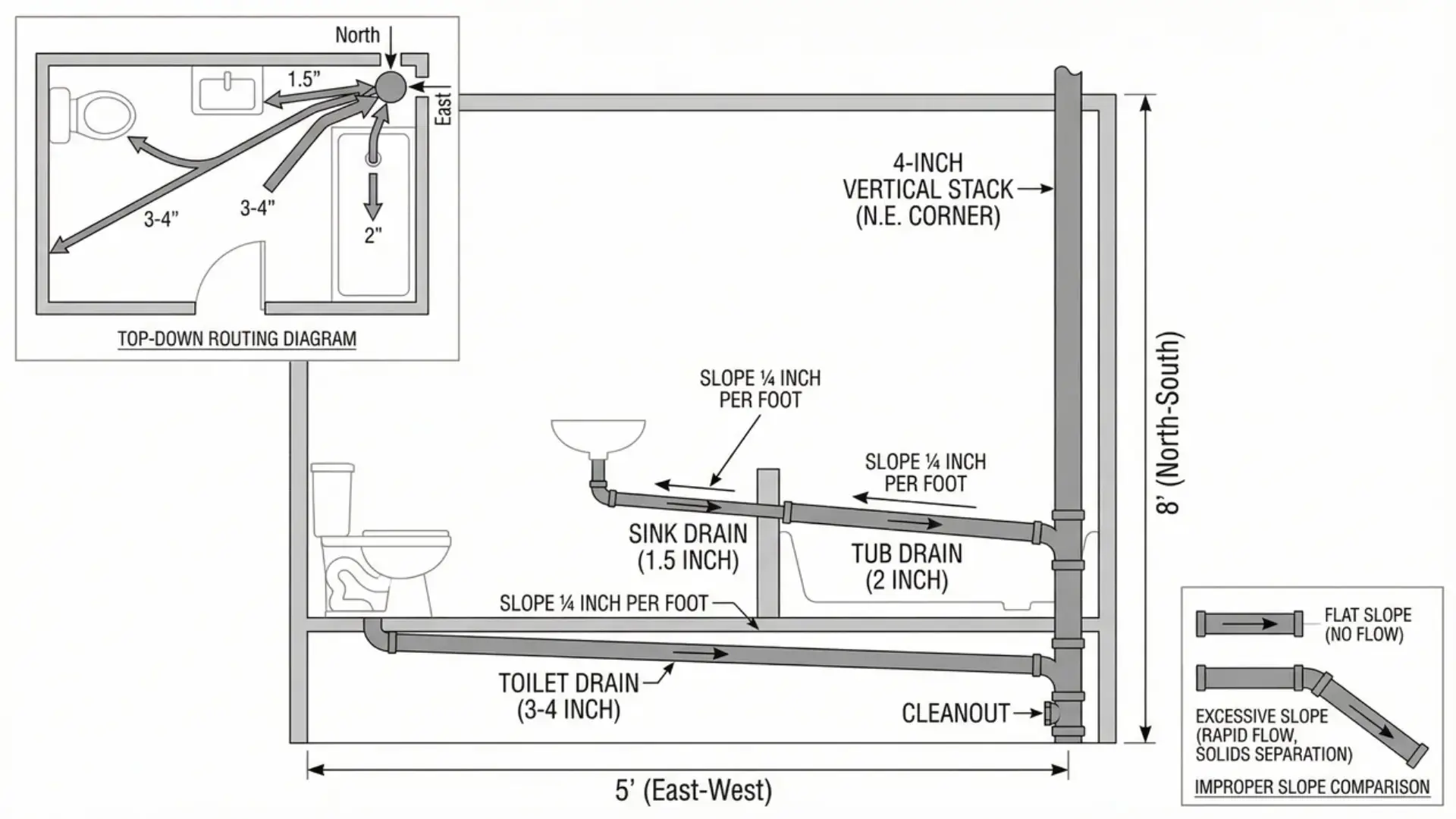 Bathroom drain-waste blueprint showing correct slope and pipe sizes.
