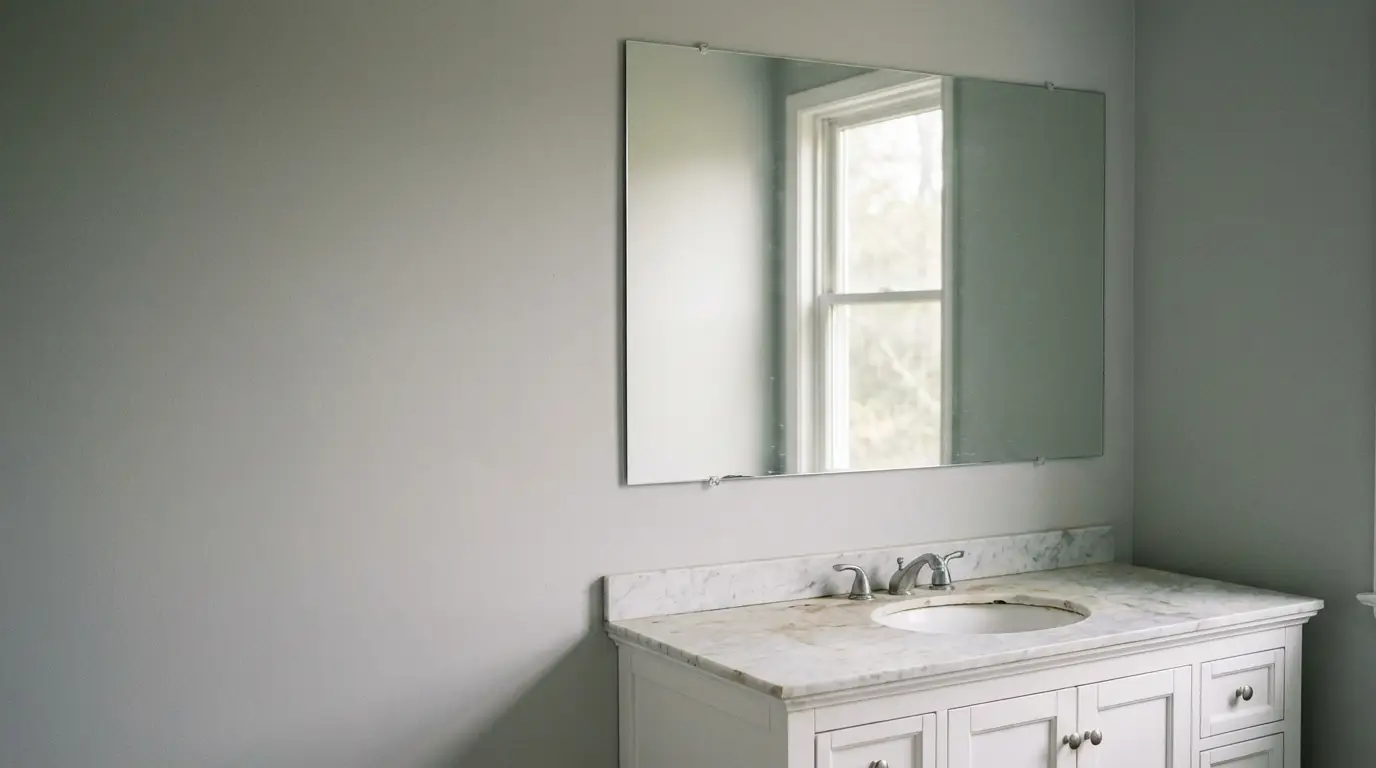 Marble-top bathroom vanity with mirror and window in minimalistic setting