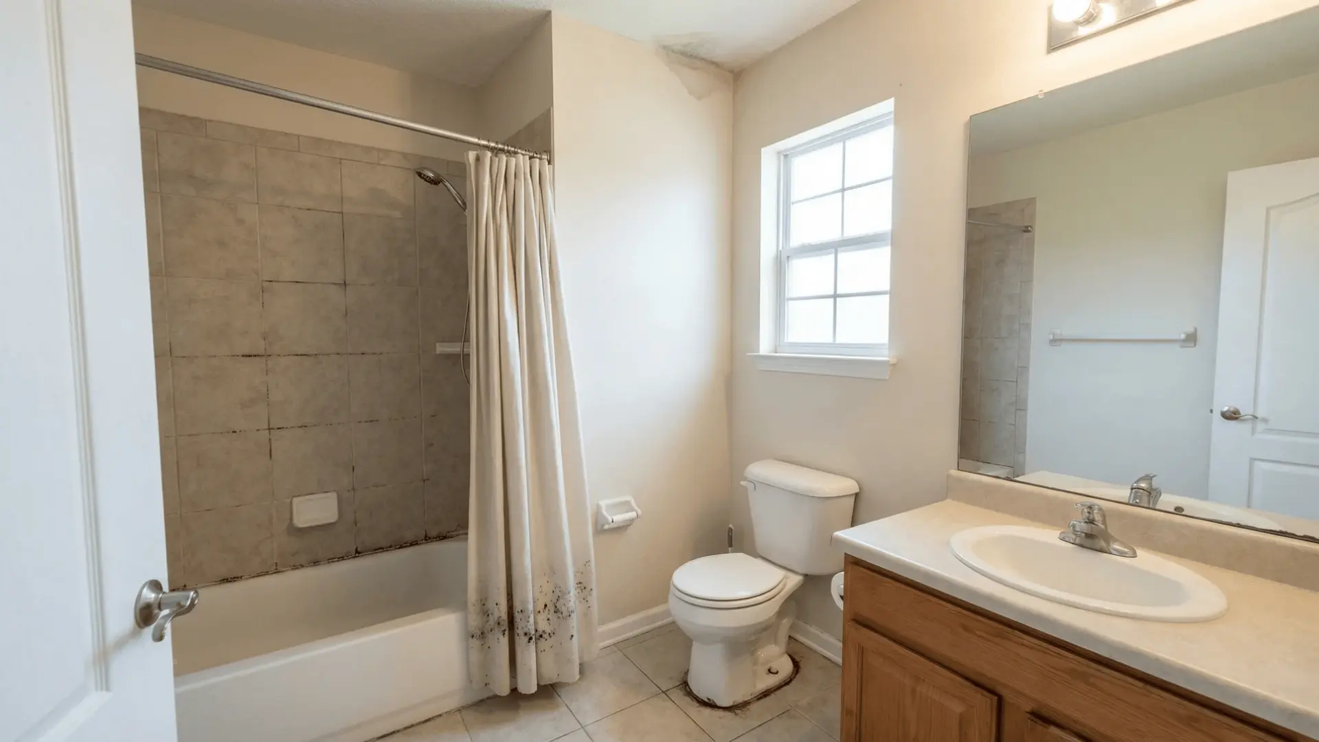 Bathroom showing mold-prone areas on grout, caulk, ceiling corner, and toilet base