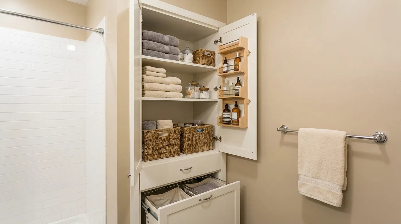 Bathroom tall built-in cabinet with towel shelves, door rack, pull-out drawer, and laundry bin