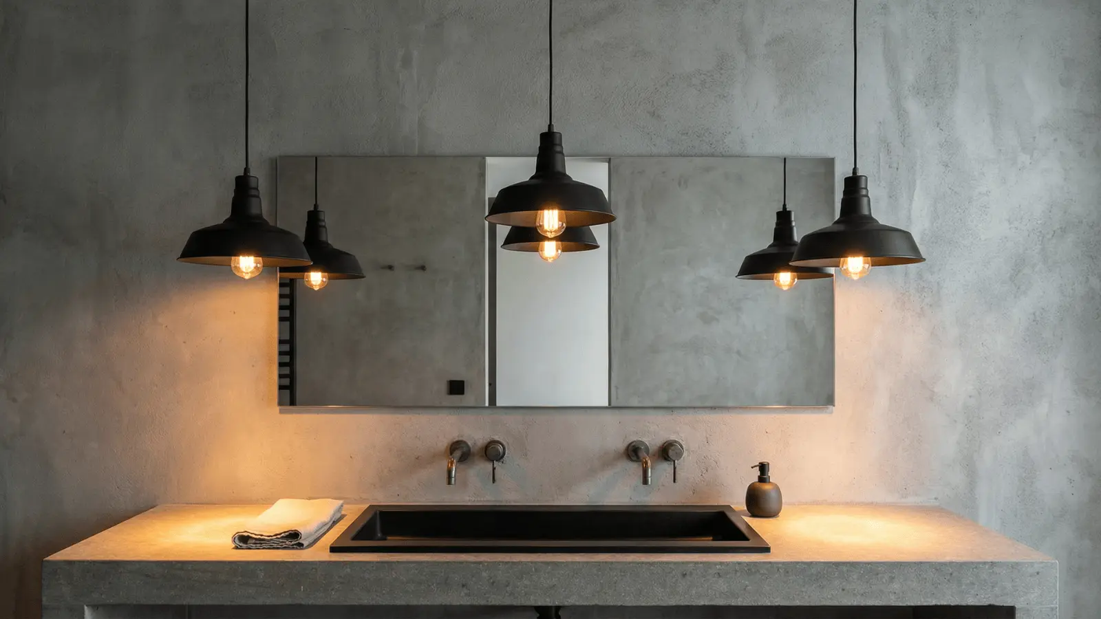 Bathroom vanity with industrial pendant lights and warm lighting