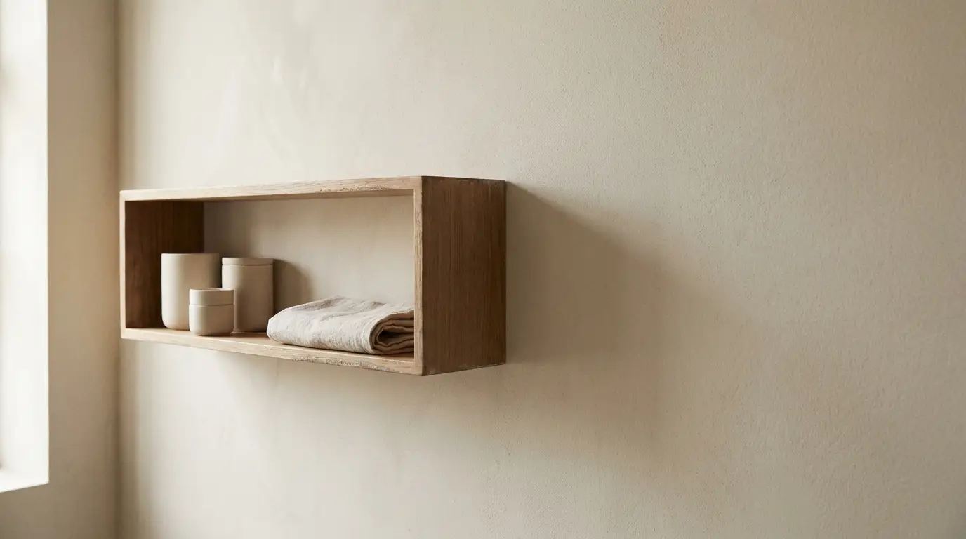 Wooden wall shelf with beige ceramic containers and folded towel in minimalist setting