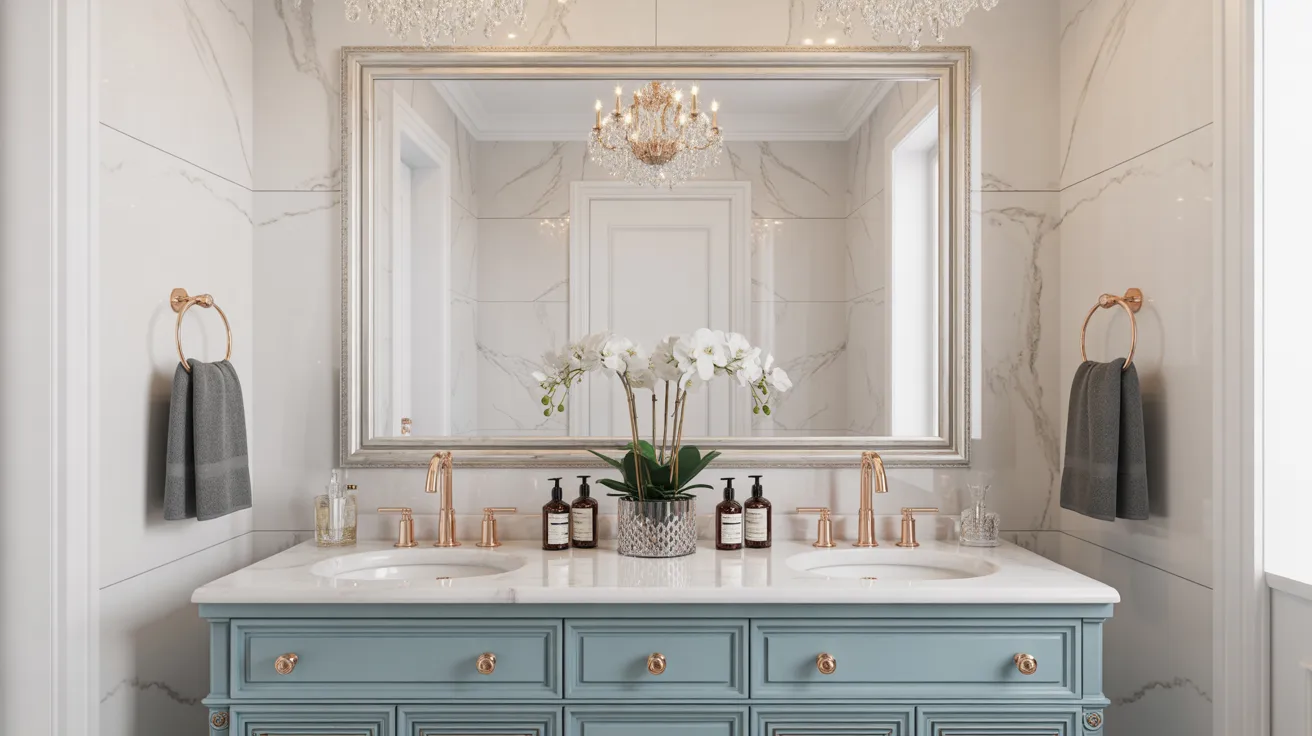 Bathroom with a large gold-framed mirror reflecting natural light, blue double vanity, white marble walls, and rose gold fixtures.