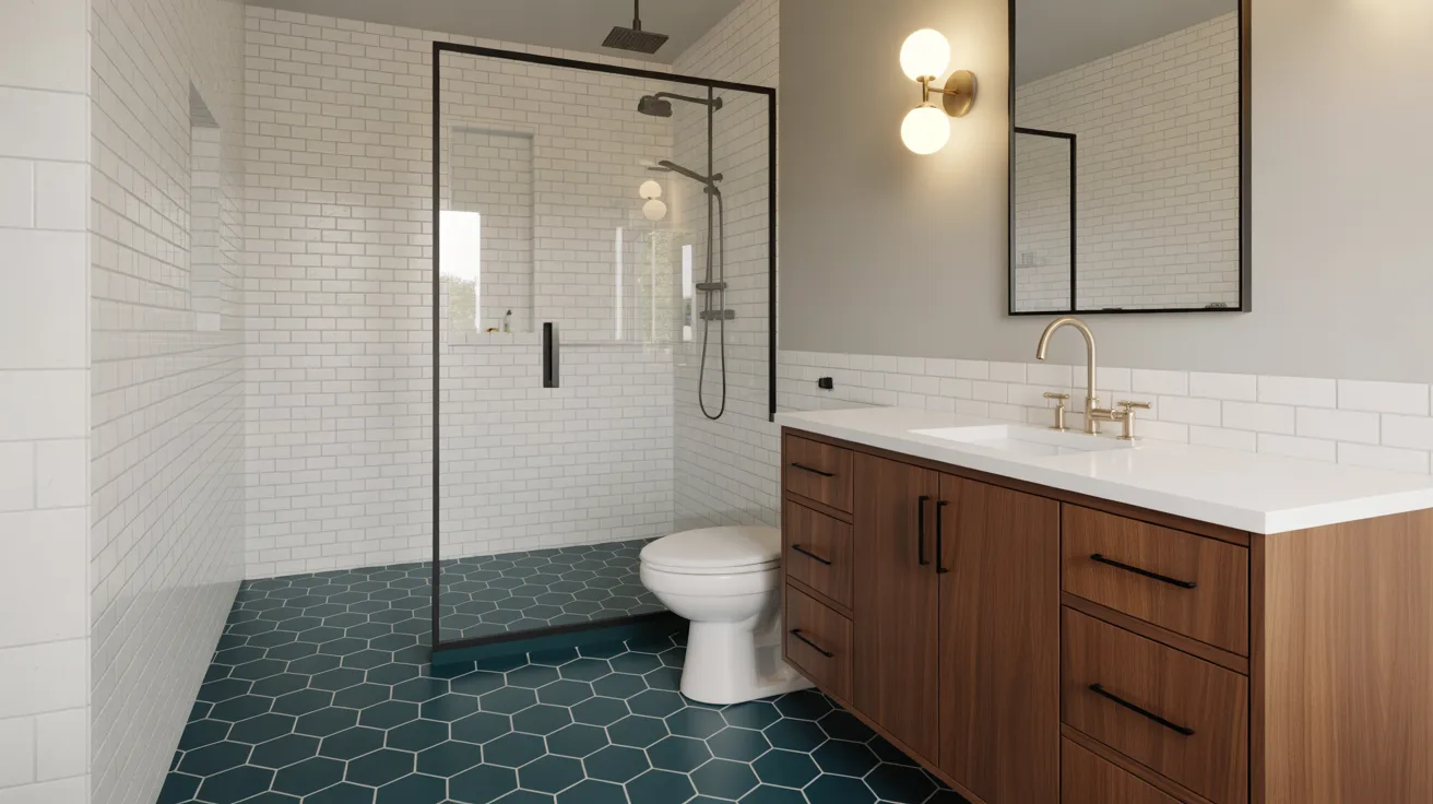 Bathroom with continuous teal hexagon floor tiles, wood vanity, black-framed mirror, and glass shower.