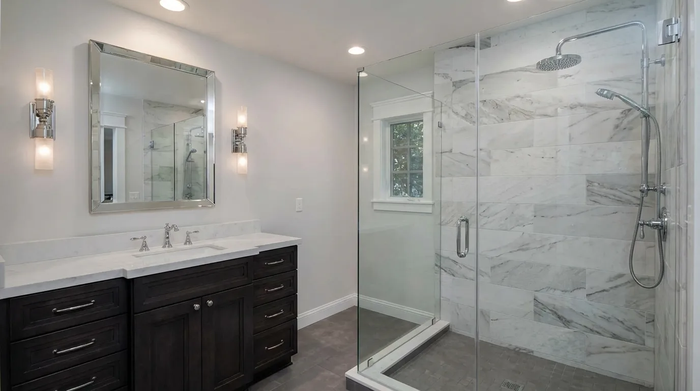 Bathroom with layered lighting, dark vanity, beveled mirror, and marble glass shower.