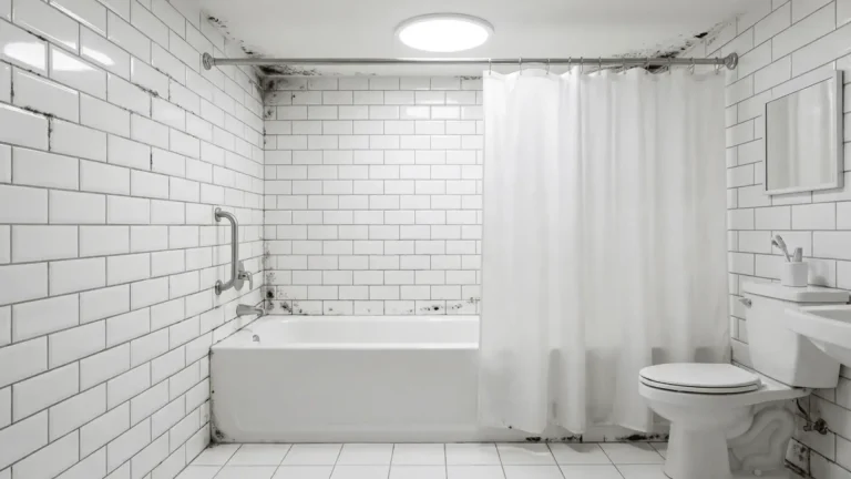 Bathroom with mold on grout lines, ceiling corner, and shower edges