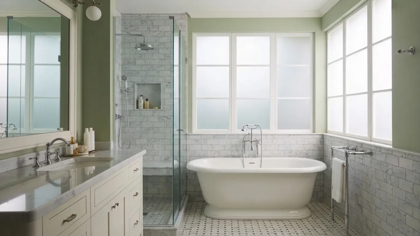 Bathroom with October Mist green walls, white marble surfaces, and subway tile.
