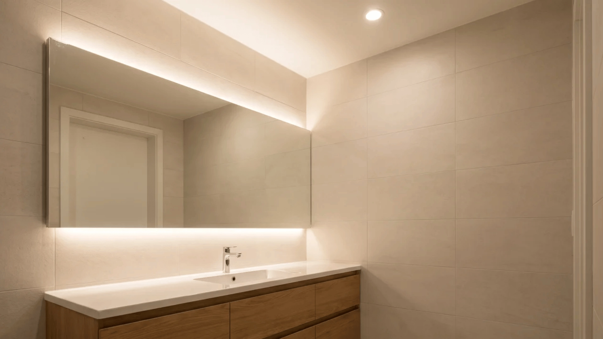 Bathroom with overhead light and mirror lighting illuminating space