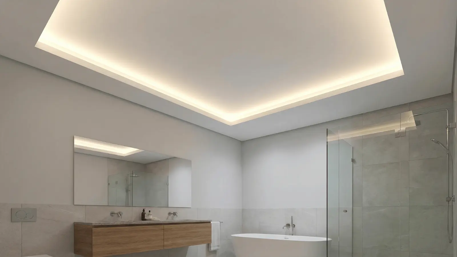 Bathroom with recessed ceiling LED strip lighting creating soft ambient glow