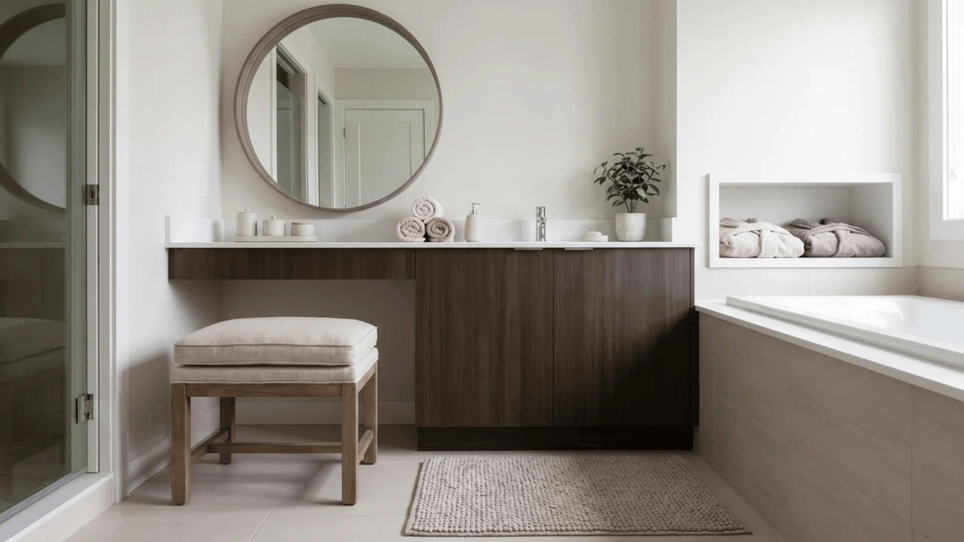 Bathroom with stool, large mirror, and closed vanity drawers