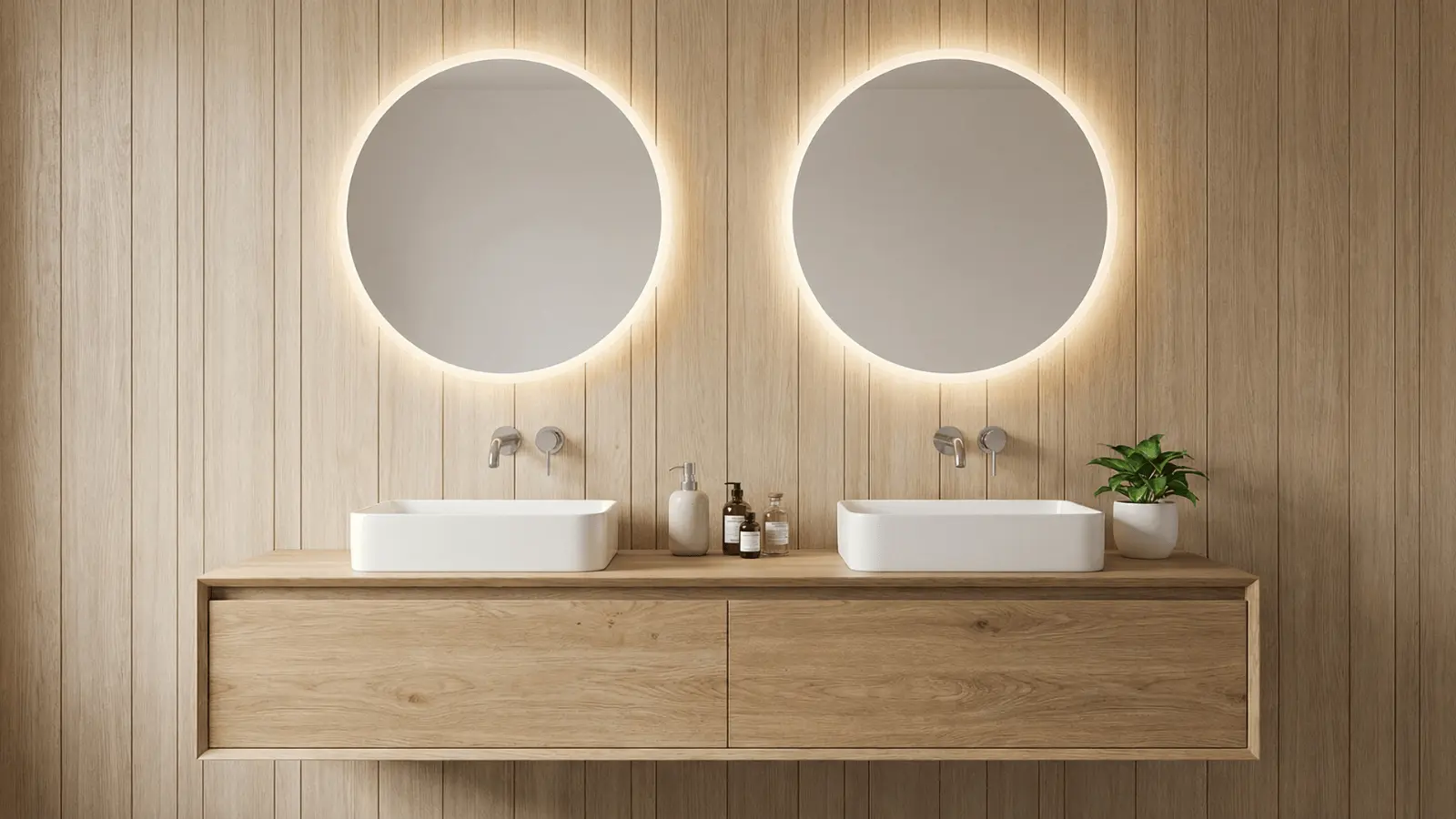 Bathroom with two round backlit mirrors and wooden vanity