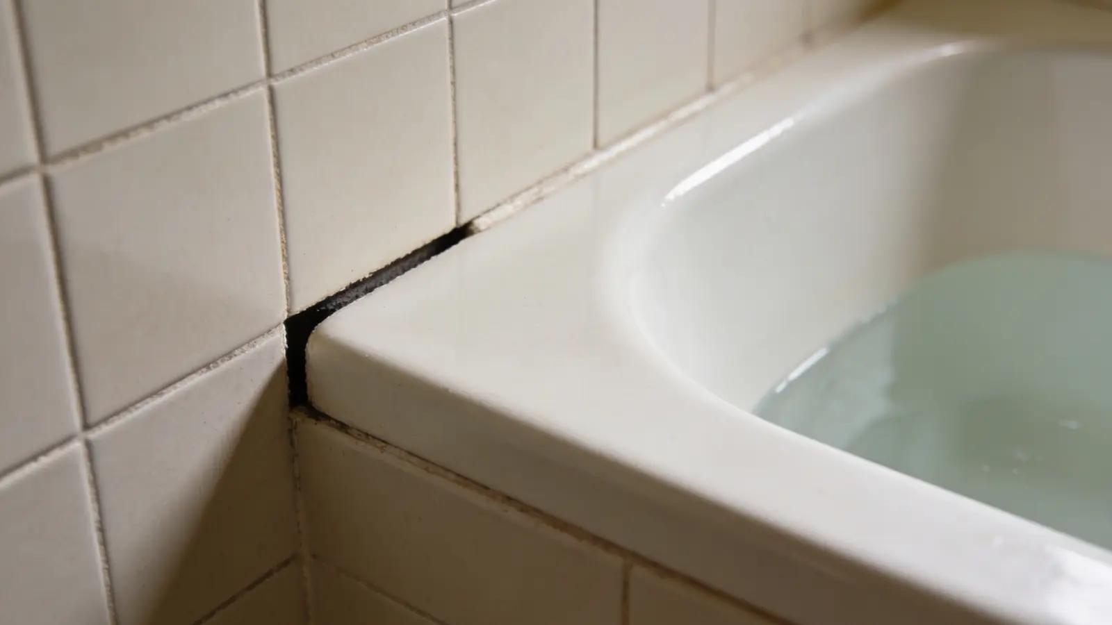 Bathtub filled halfway with water showing expanded gap between tub edge and wall tile