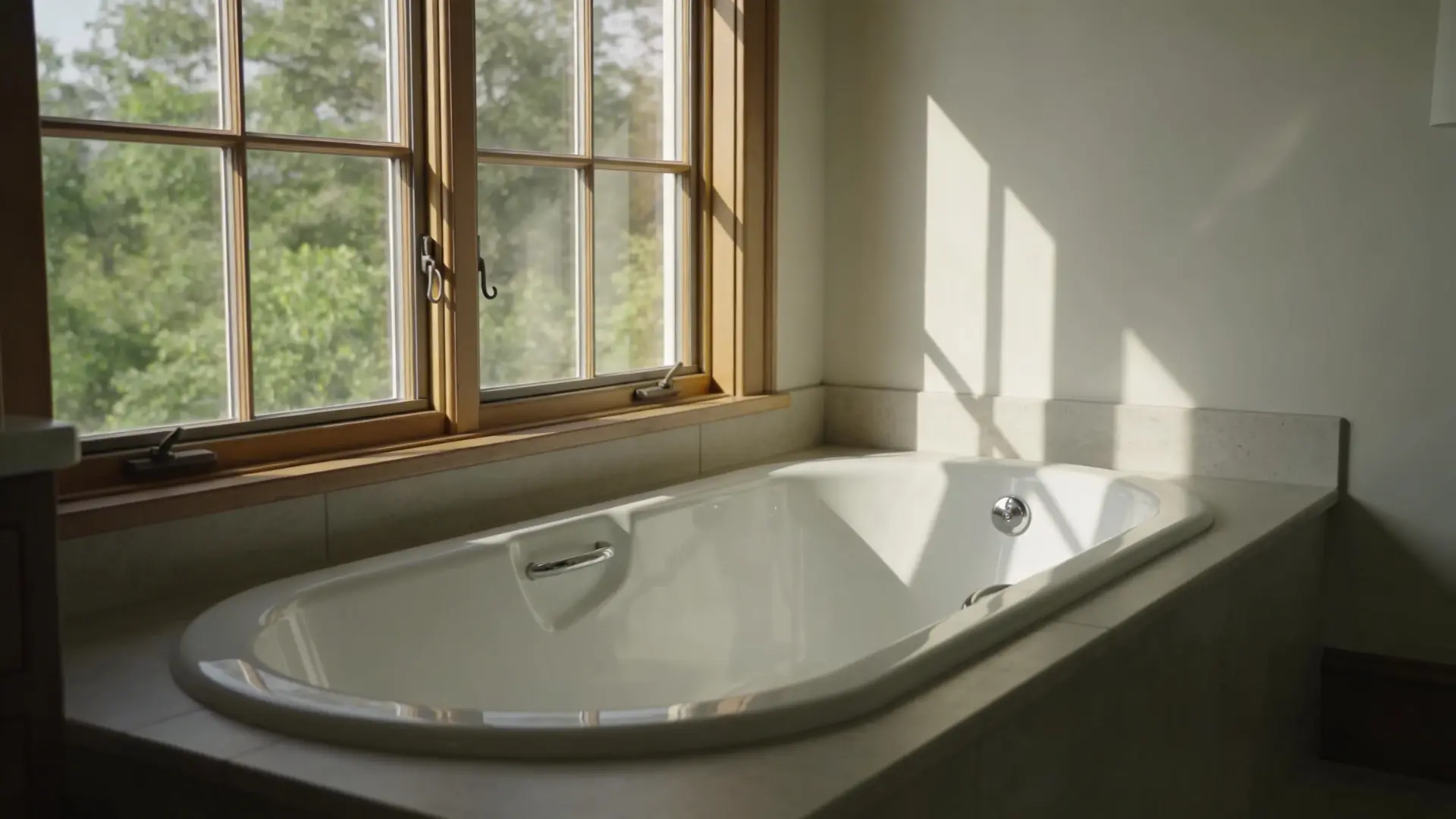 Bathtub placed near a window with outdoor greenery visible