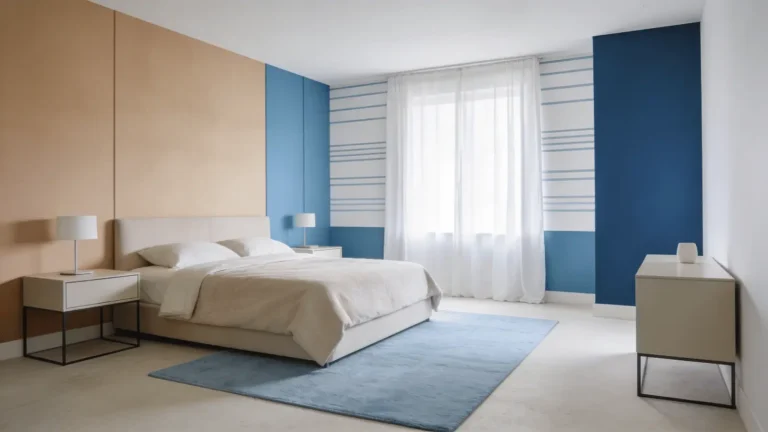 Bedroom interior showing neutral walls, blue and white tones, and an accent wall behind the bed