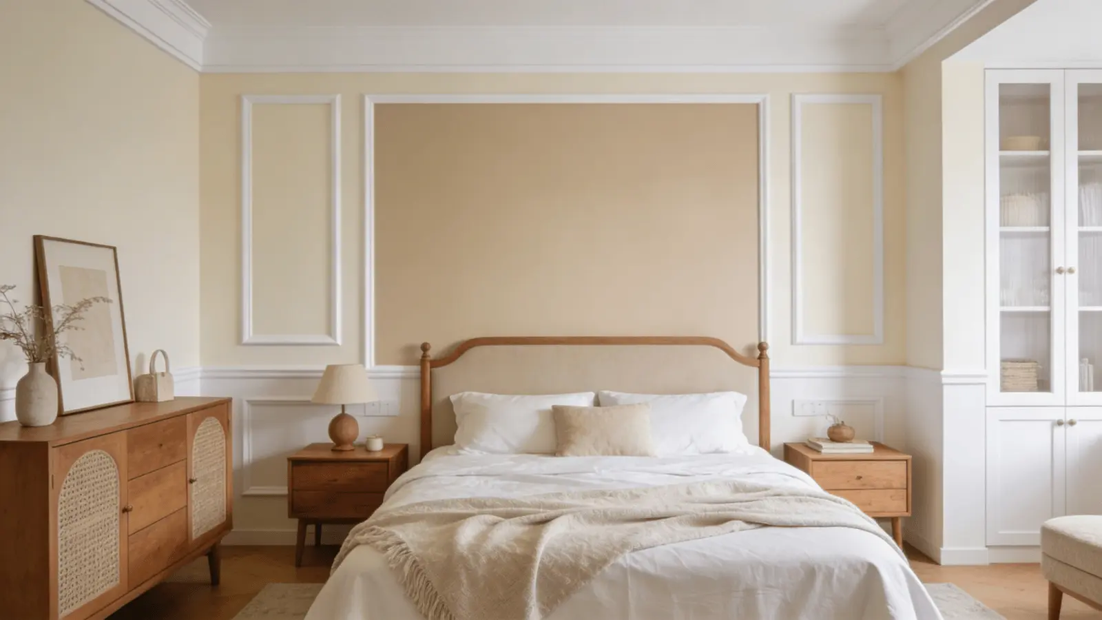 Bedroom with beige and cream walls, white bedding, and wooden furniture
