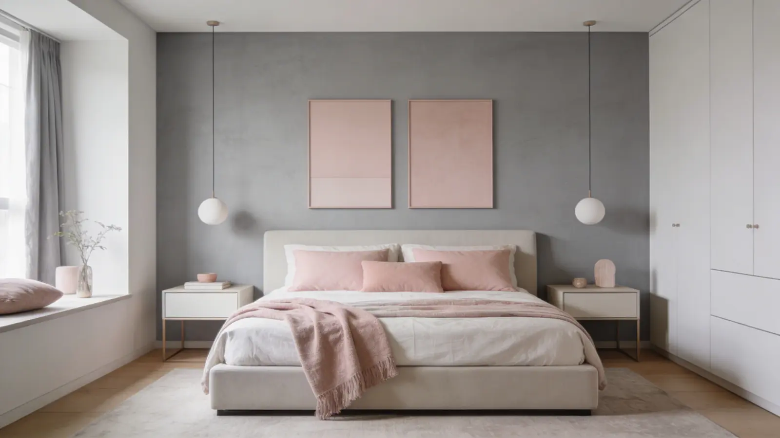 Bedroom with grey walls and blush accents on bedding and cushions