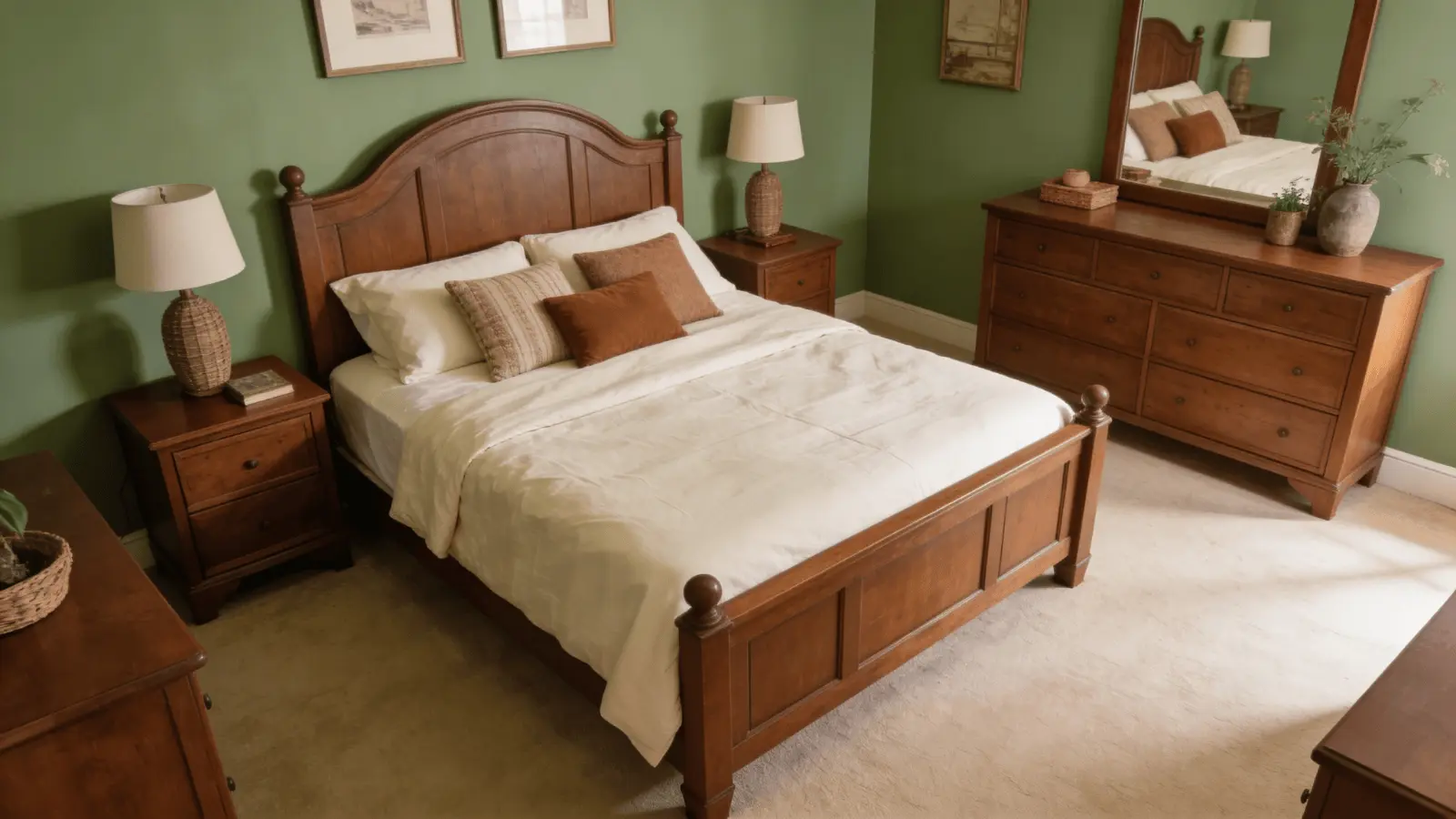 Bedroom with sage green walls, cream bedding, and brown wooden furniture visible in a wide view