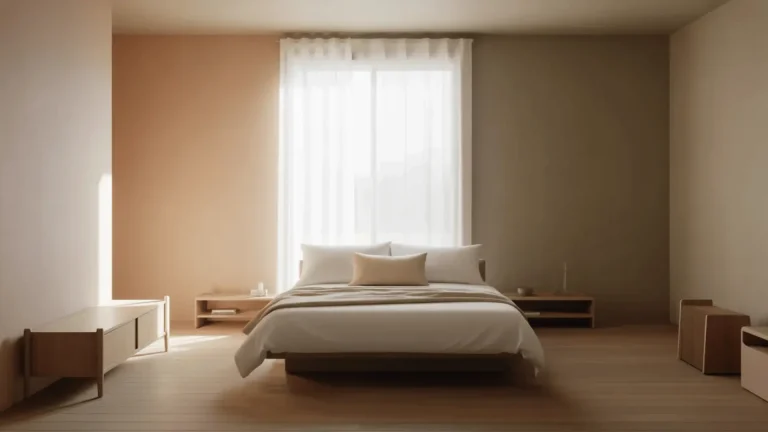 Bedroom with soft neutral wall colors, bed, and natural light coming through a window