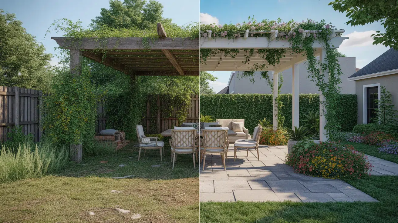 Before and after backyard transformation with patio and landscaping