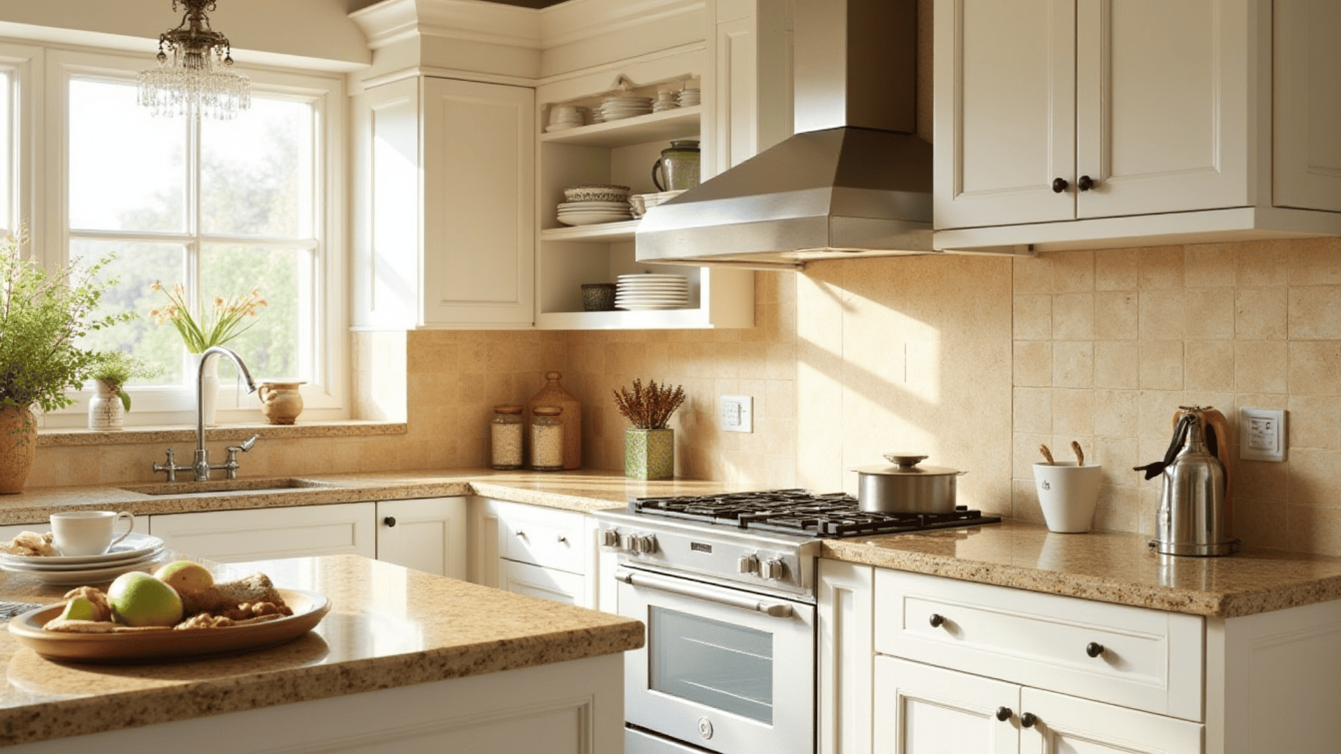 beige travertine tile backsplash with natural pitted texture in a warm Tuscan kitchen with white cabinets