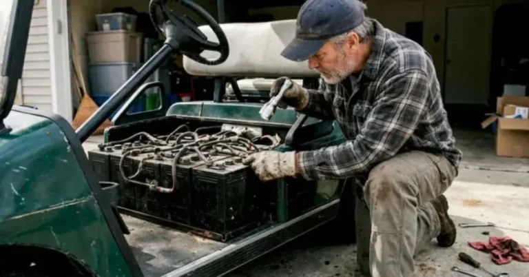 Man examining golf cart battery with flashlight in a garage wearing a plaid shirt and cap
