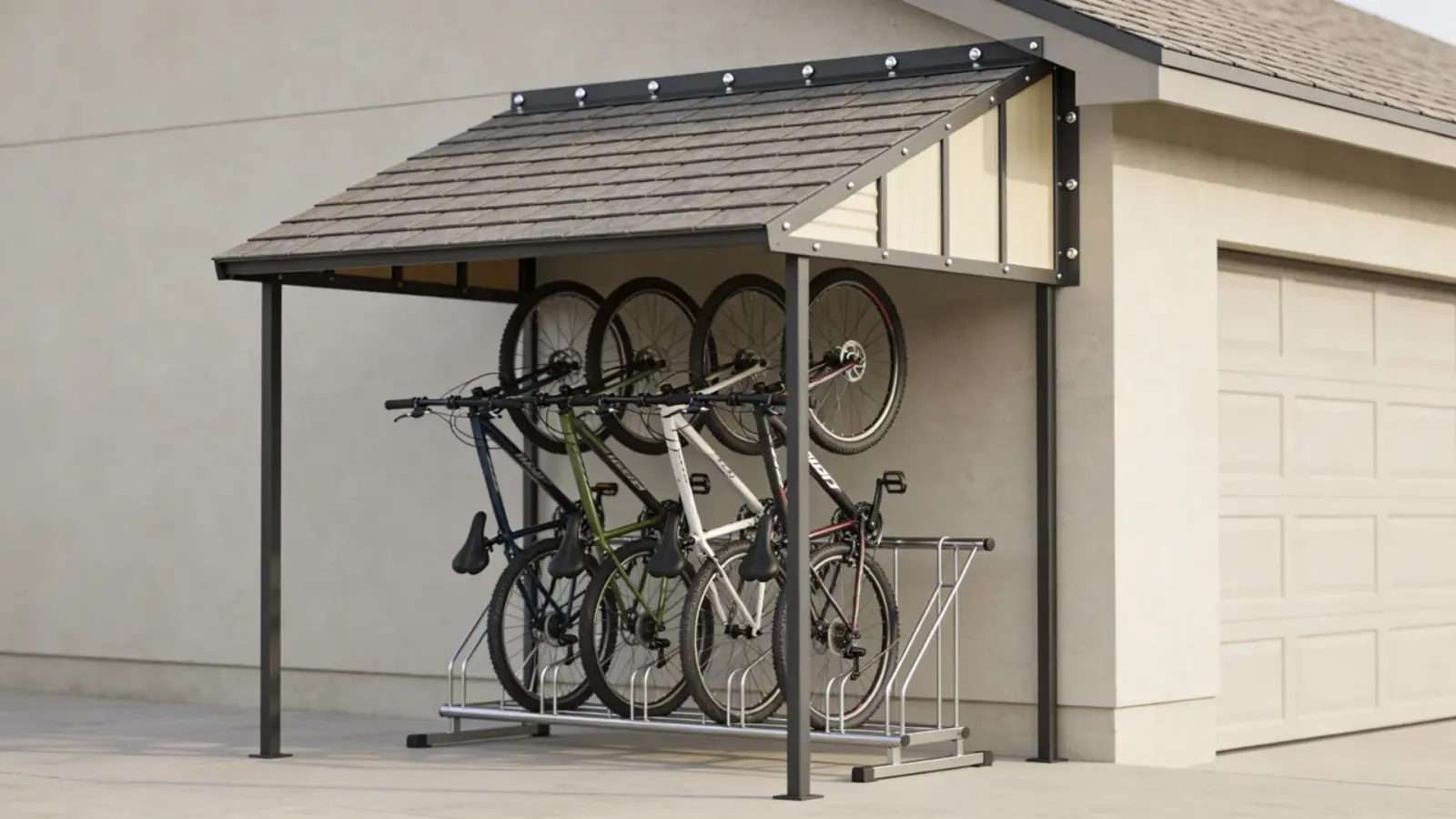 Bikes stored under a lean-to roof attached to a wall with partial side panels (1)