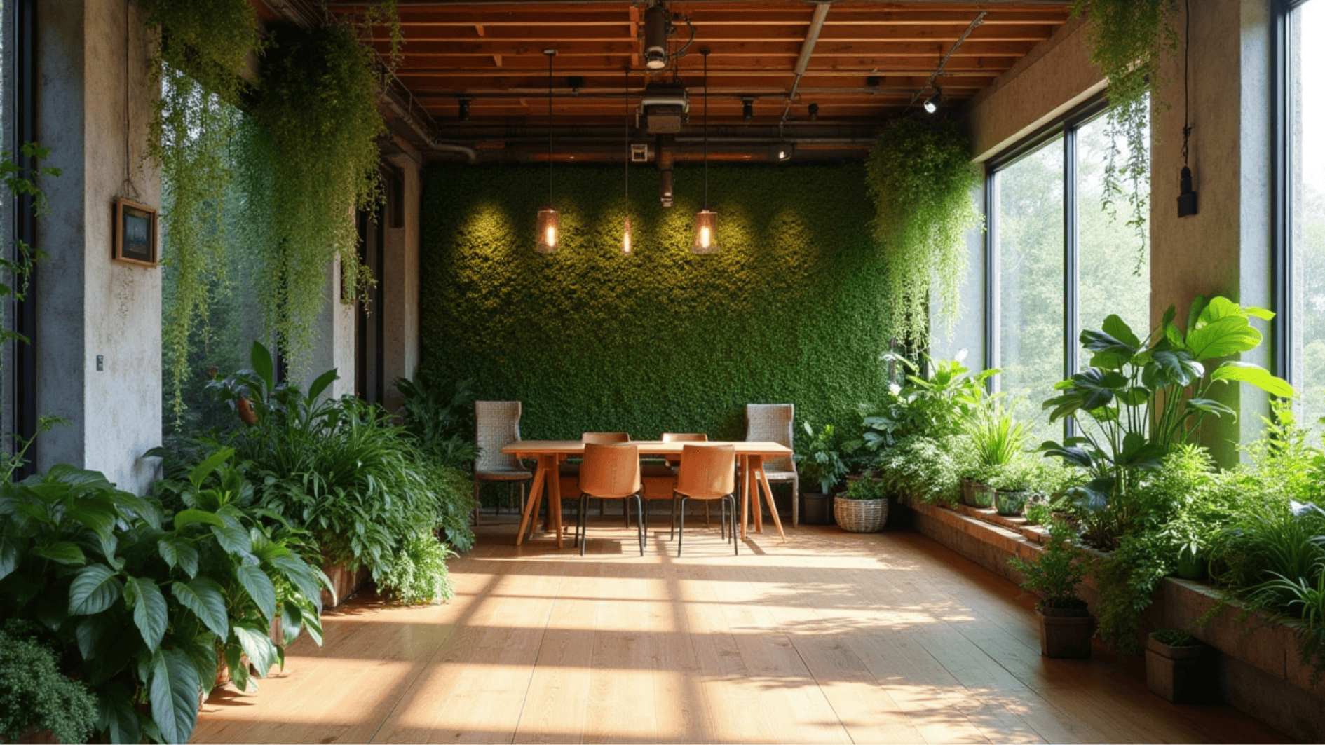 biophilic office meeting space with lush indoor plants, living green wall, wooden ceiling beams, and natural daylight