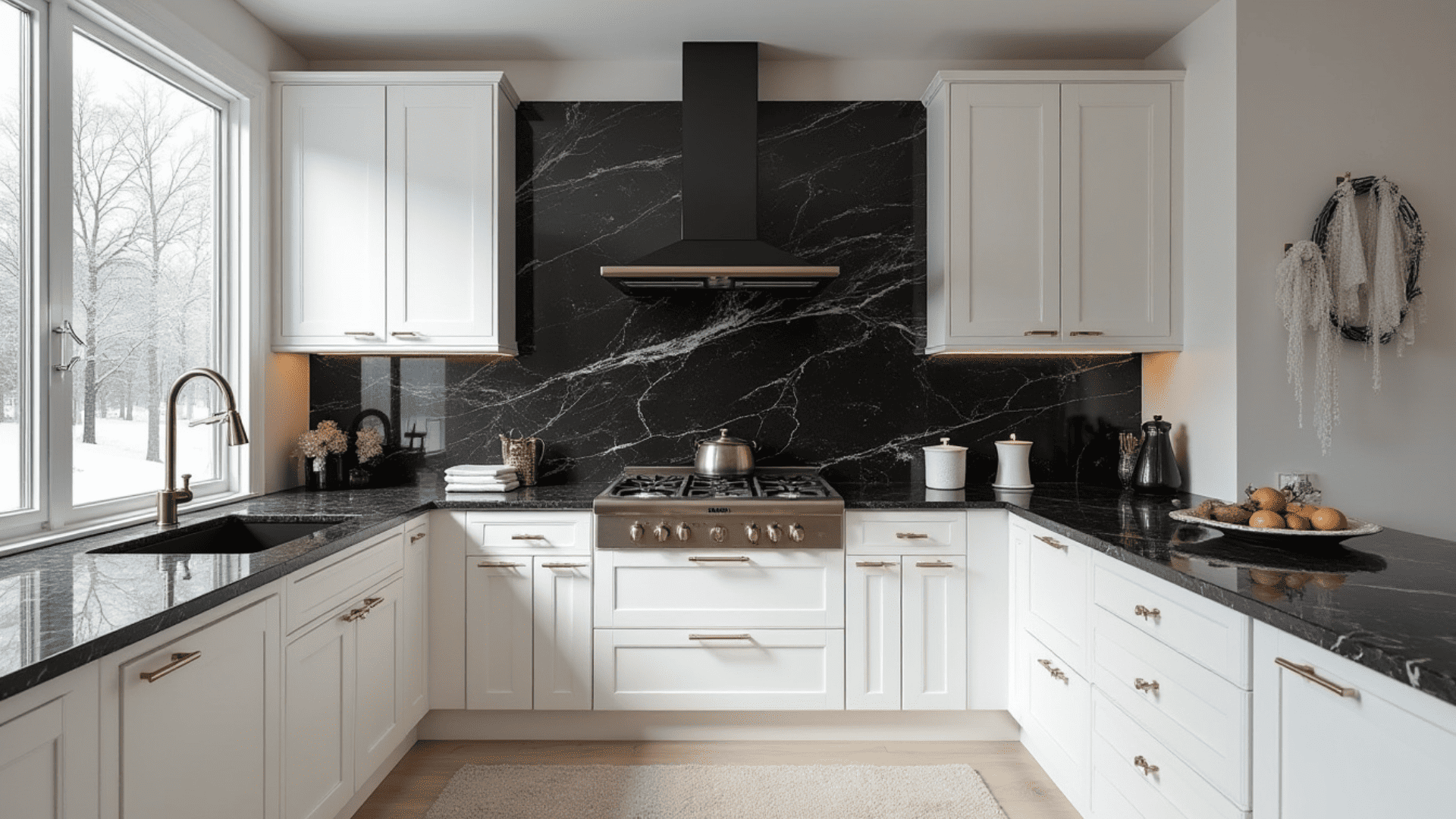 black granite slab backsplash with natural veining paired with white flat-front cabinets and gold hardware