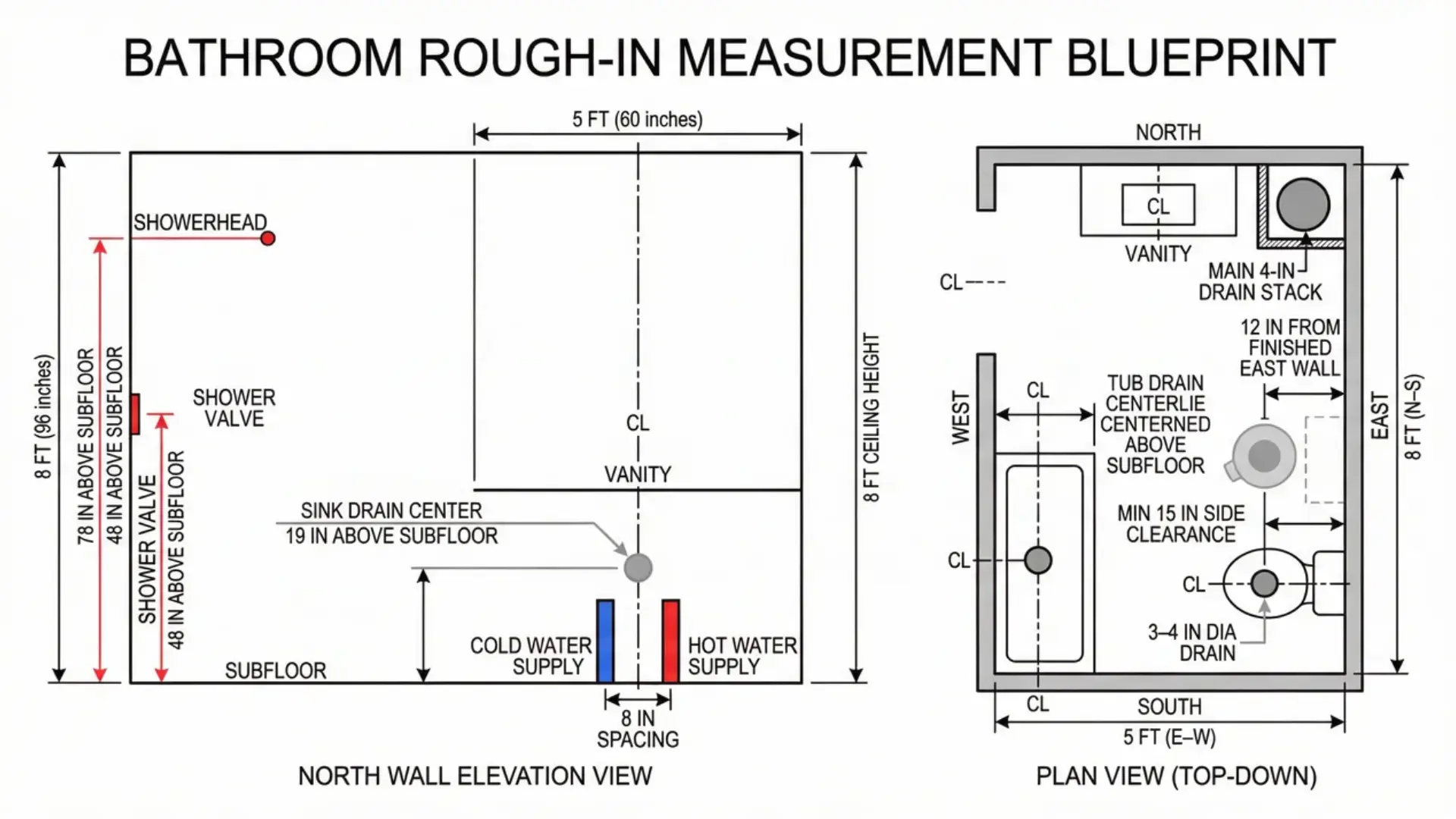Blueprint diagram showing bathroom rough-in measurements and pipe centerlines.