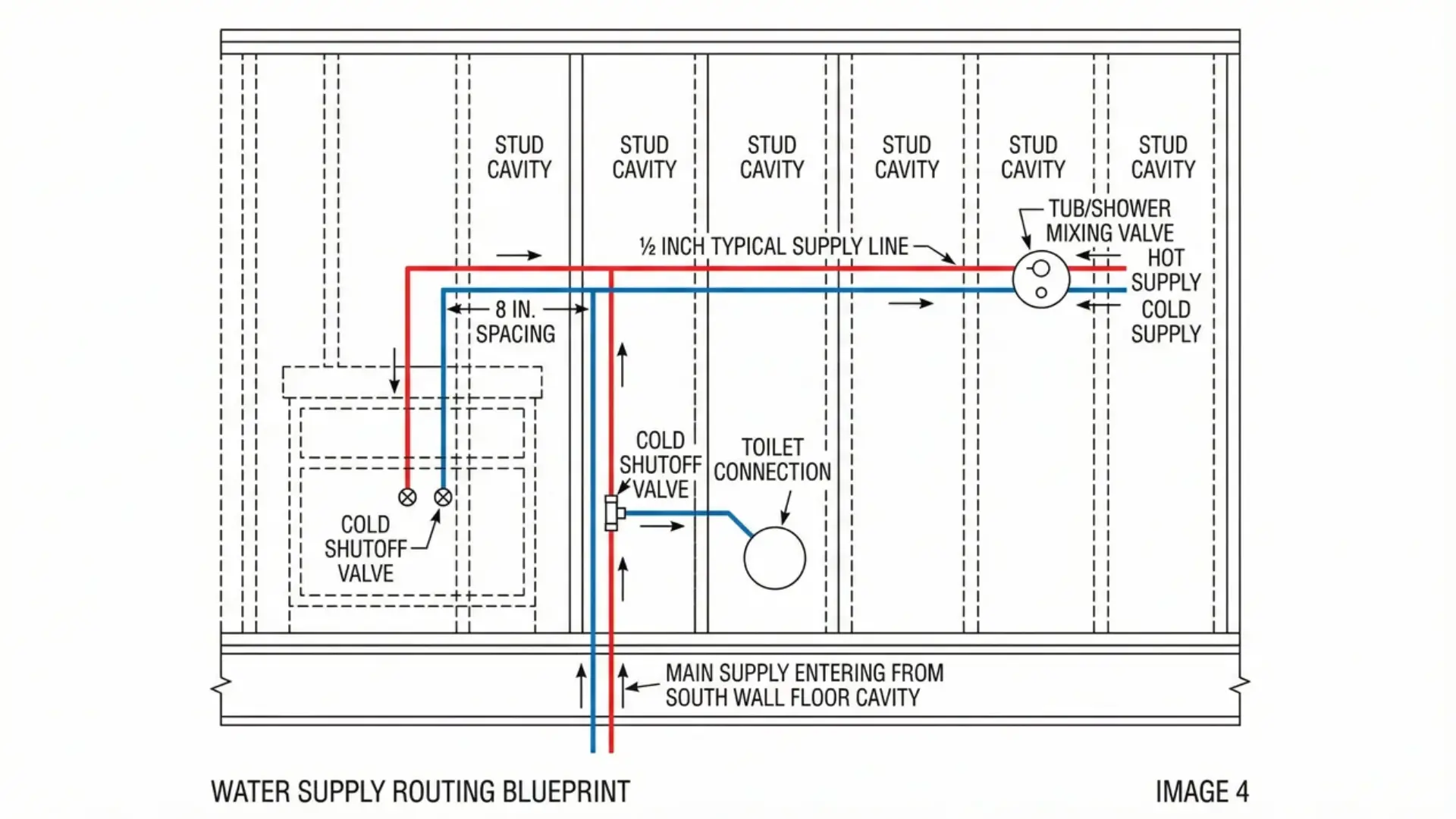 Blueprint showing bathroom hot and cold water supply routing with shutoff valves.