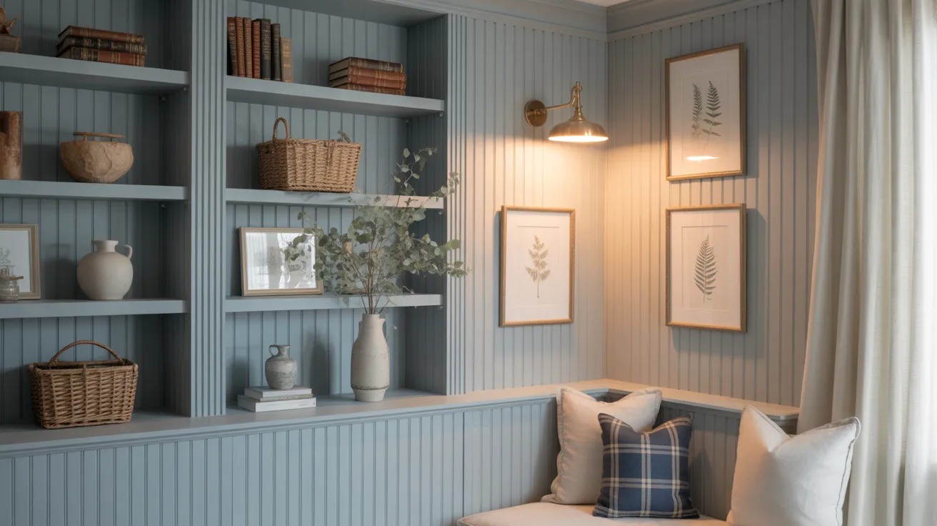 Blustery Sky beadboard built-in shelves and bench nook with brass sconce and woven basket decor.