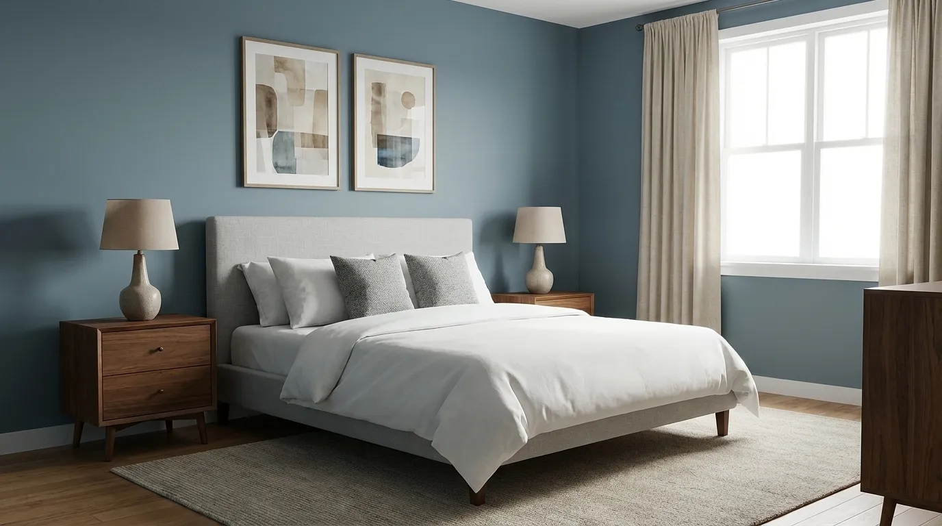 Blustery Sky bedroom with linen upholstered bed, walnut nightstands, and abstract wall art.