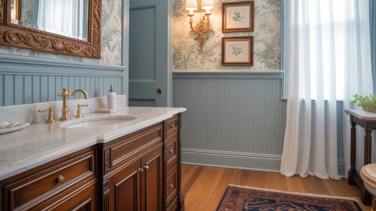 Blustery Sky board and batten bathroom with dark wood vanity, marble countertop, and brass fixtures.