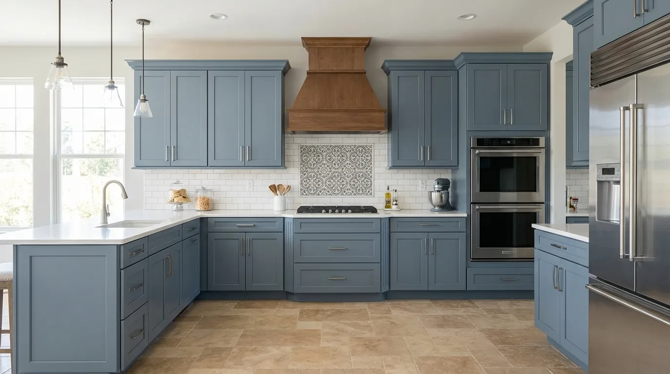 Blustery Sky kitchen cabinets with white countertops, subway tile, and stainless steel appliances.