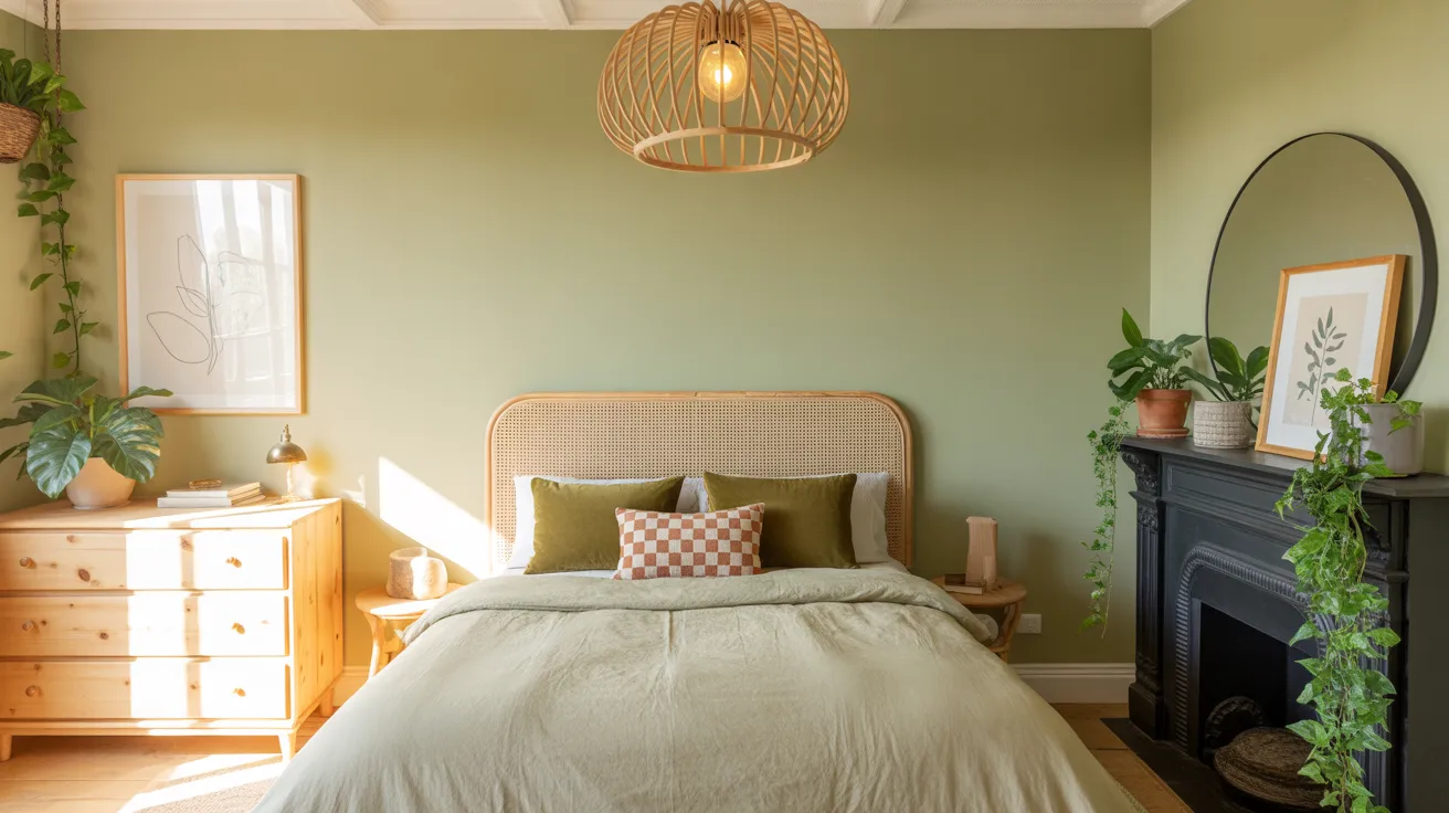 Bohemian bedroom with October Mist walls, rattan accents, and lush indoor plants.
