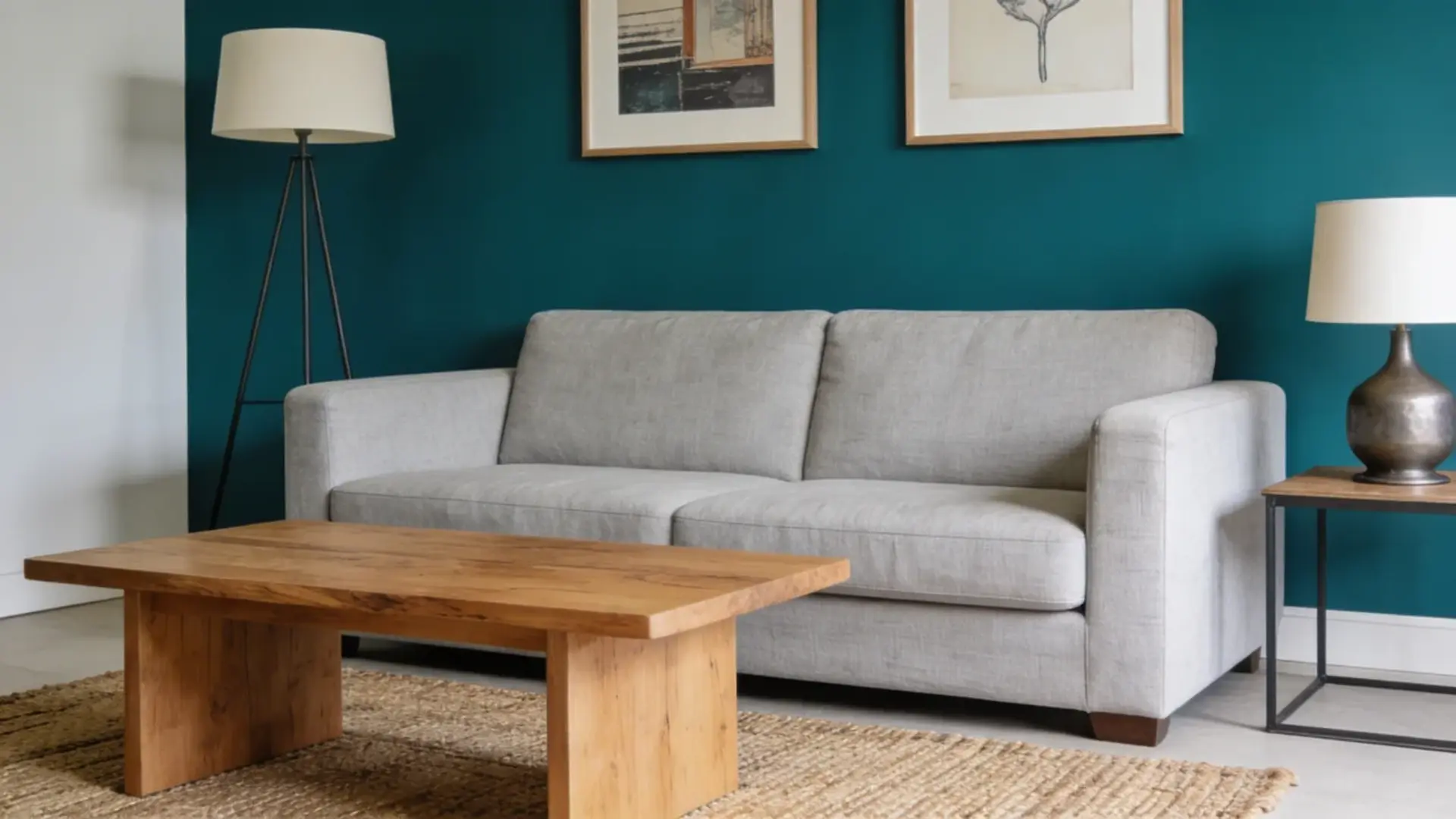 Bold accent wall contrasting with neutral furniture and textures in a room