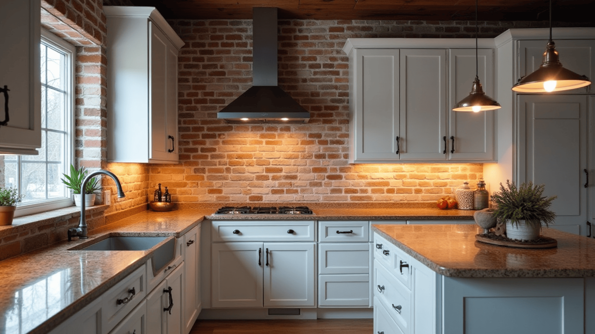 brick style ceramic tile backsplash with white grout adding rustic warmth to a farmhouse kitchen with white cabinets