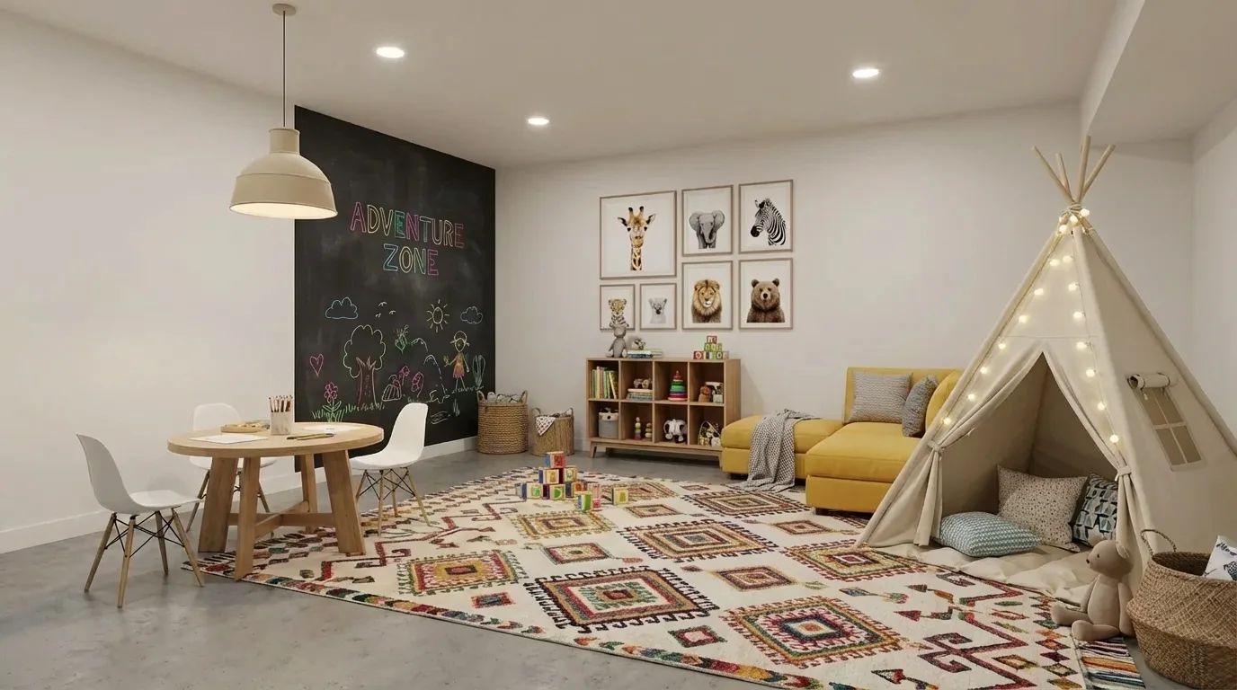Bright basement playroom with yellow sofa, kids tent, play table, and colorful rug