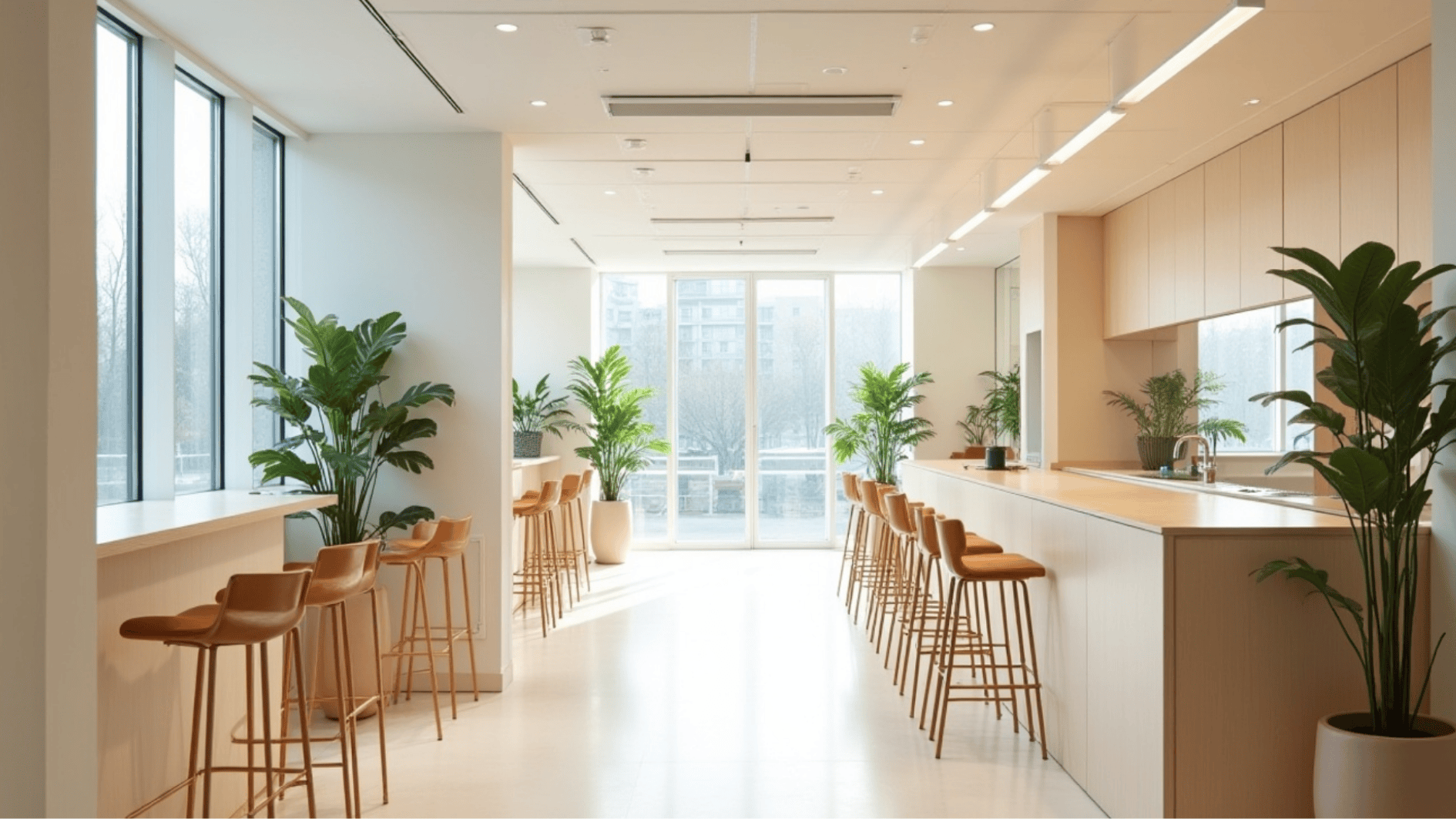 bright office café area with bar seating, plants, natural light, and minimalist kitchen-style workspace