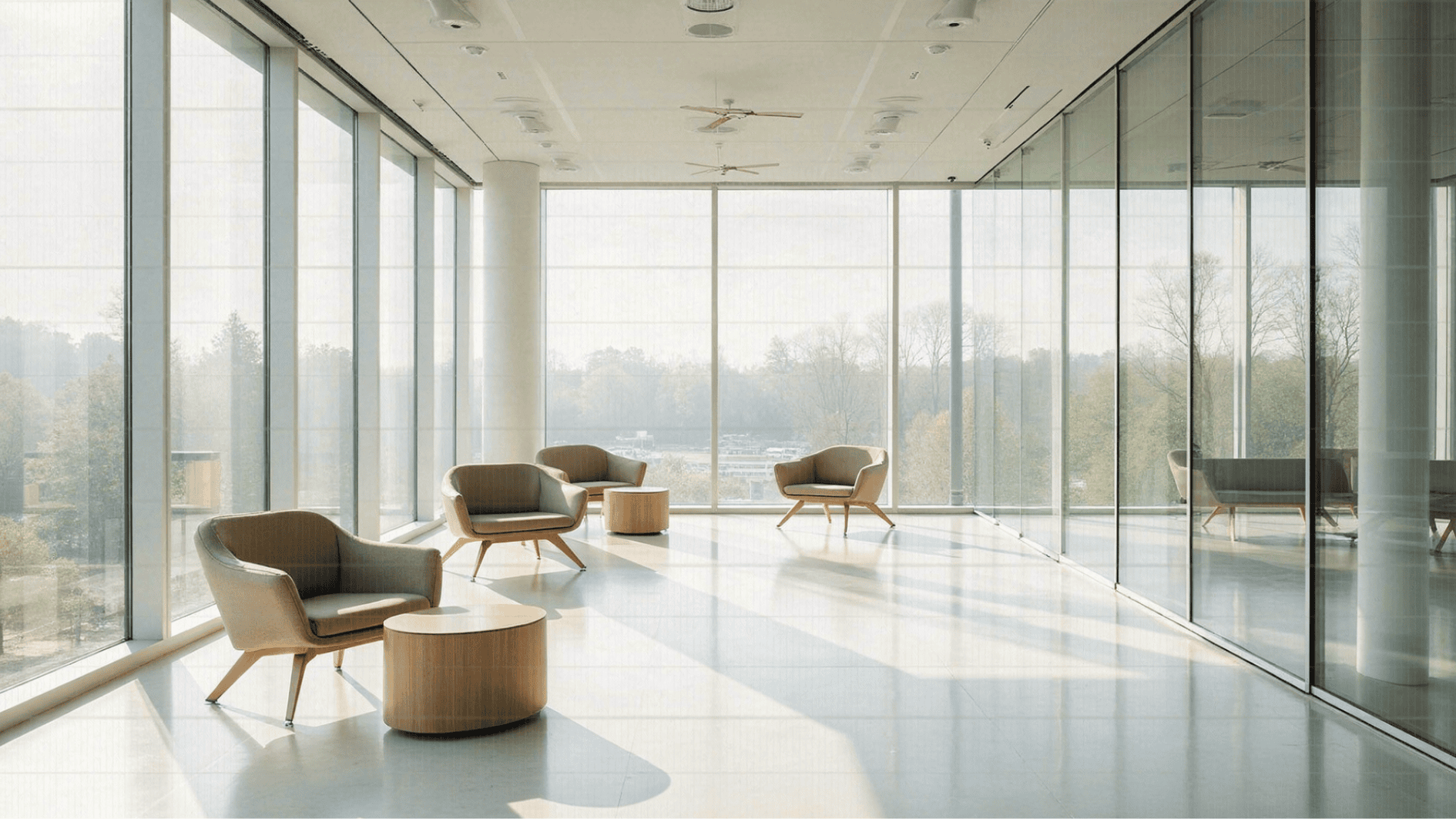 bright office lounge with floor-to-ceiling windows, modern armchairs, glass partitions, and natural daylight filling the workspace