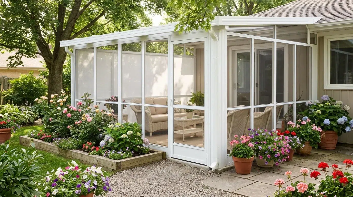 Bright screen room with white mesh panels and beige furniture in a sunny garden setting