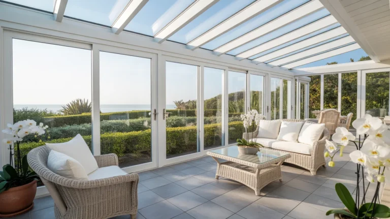 Bright sunroom with white frames, glass ceiling, wicker furniture, and coastal garden view
