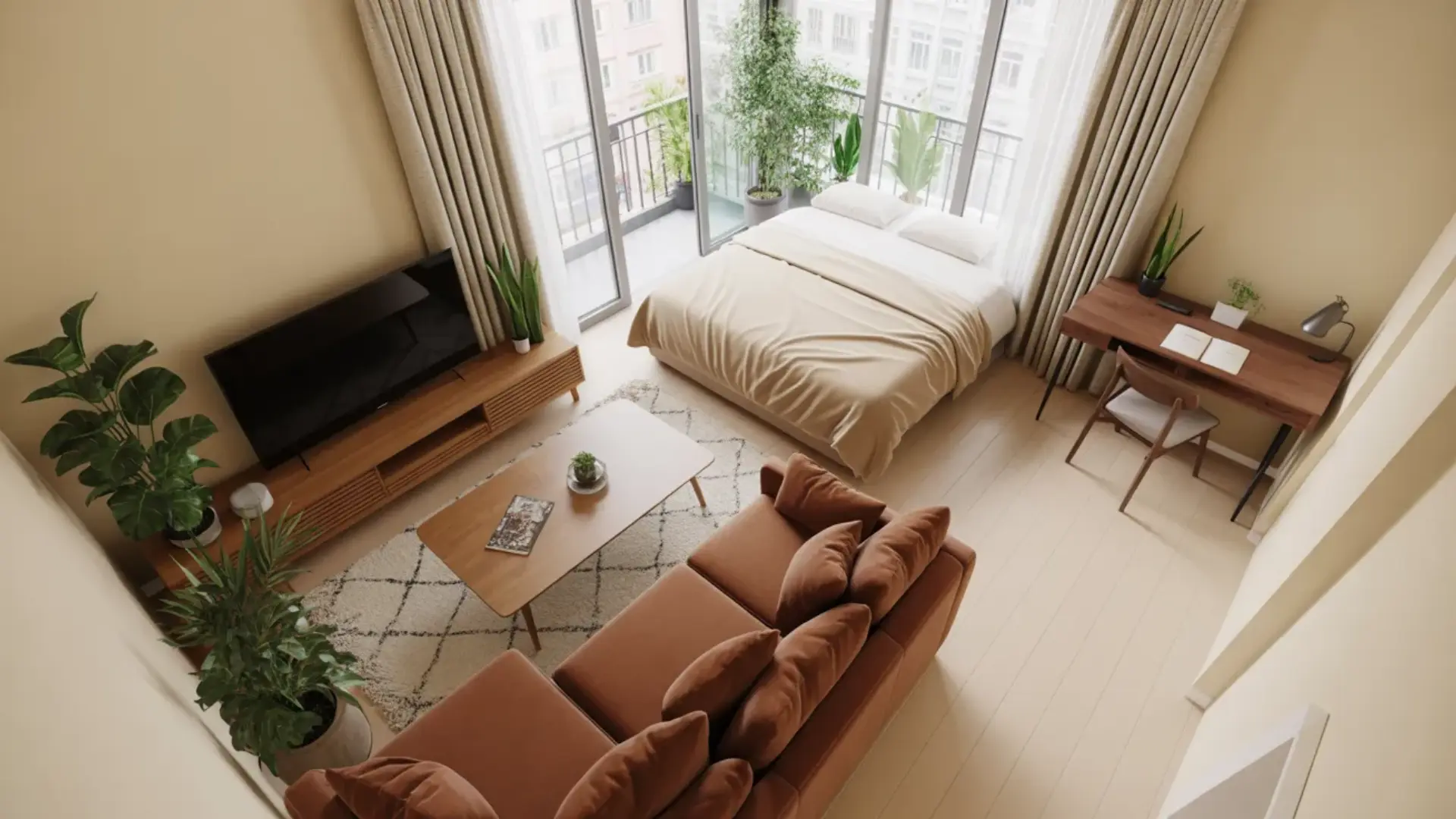 Brown sofa dividing a studio room with a bed near balcony windows, wooden TV console, coffee table, rug, desk, and indoor plants.