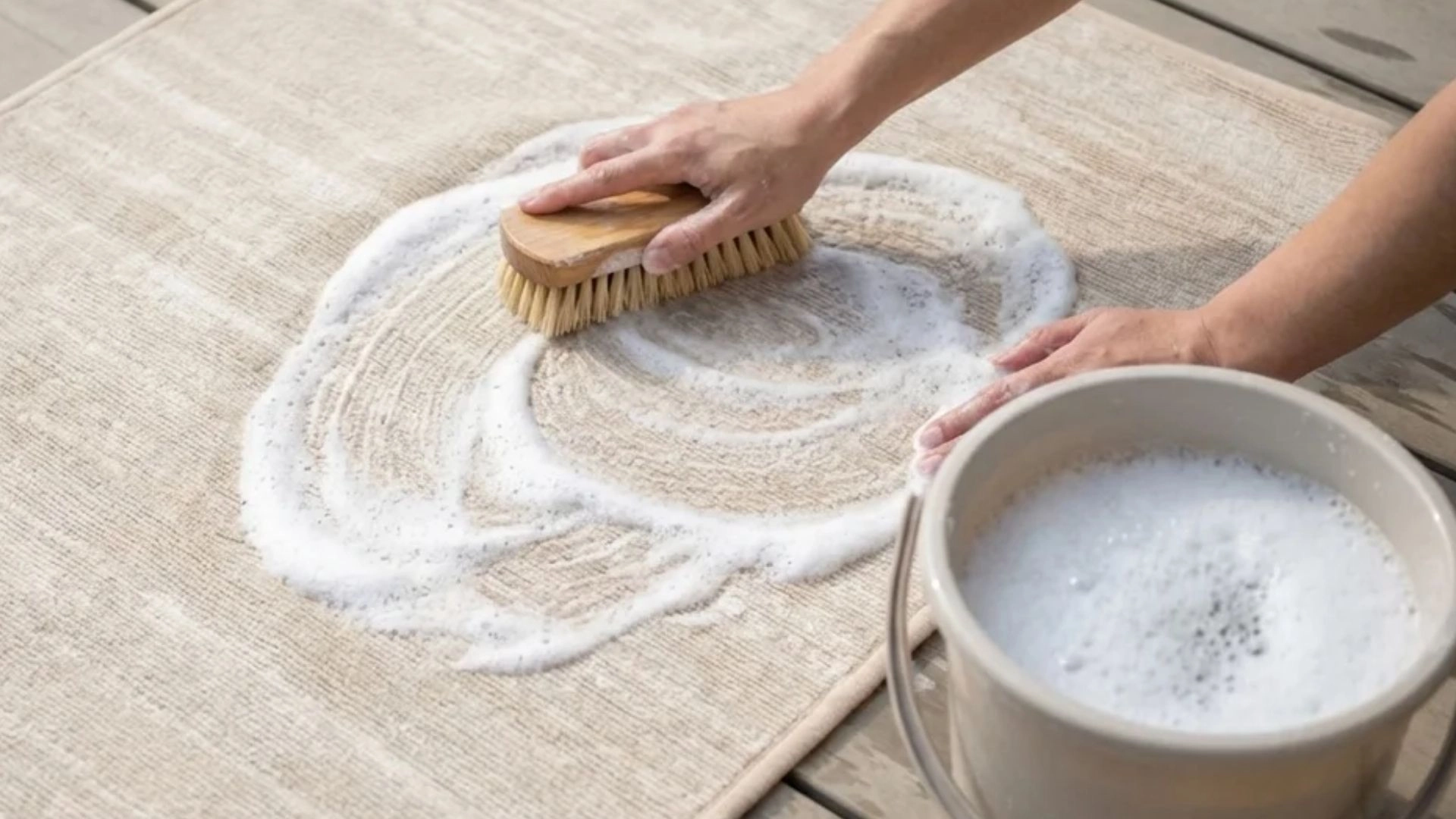 Brush scrubbing rug with soapy water on flat surface