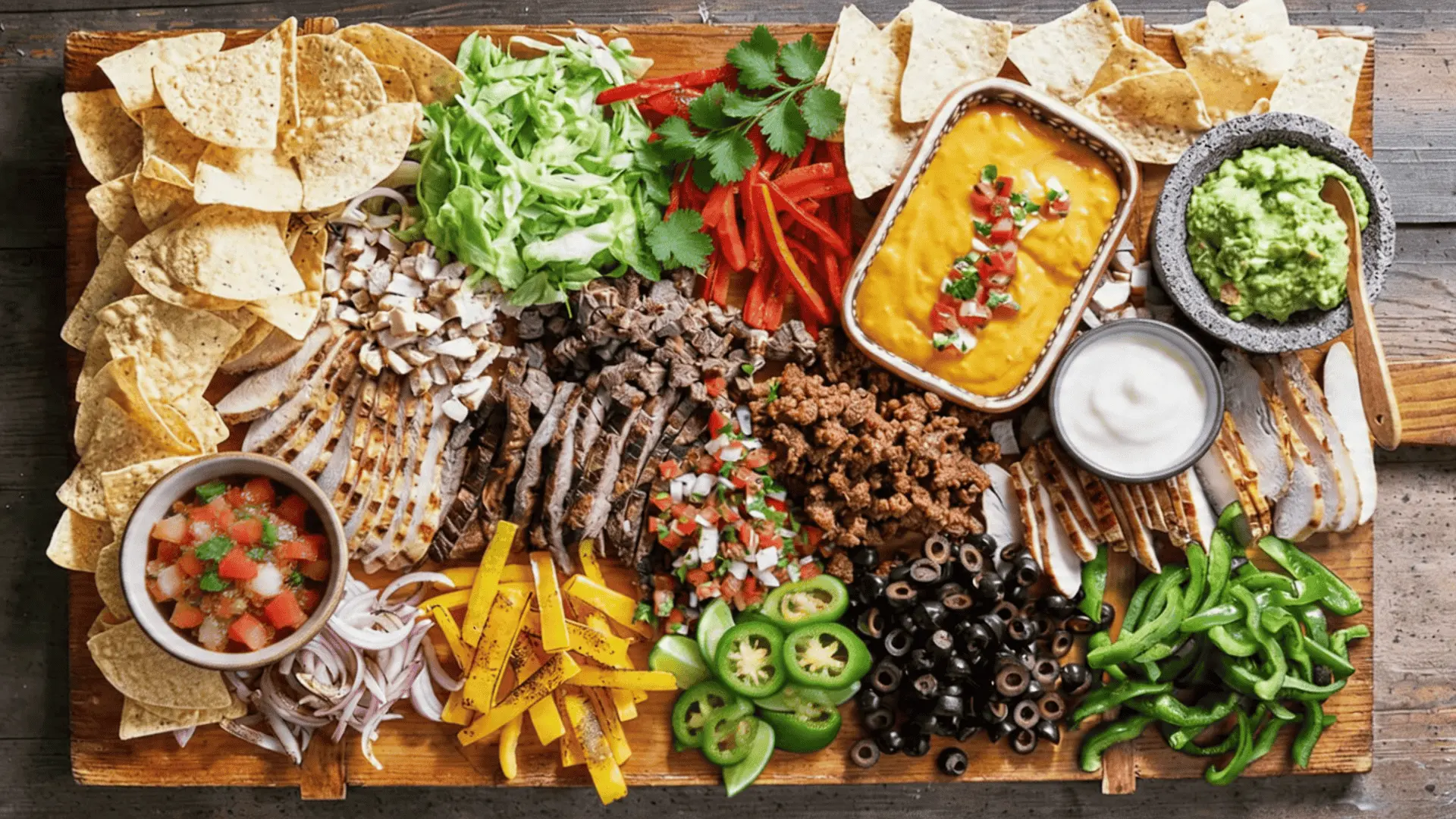 Build-your-own nacho charcuterie board with crispy chips, guacamole, salsa, melted cheese, and jalapeños arranged for a fun party spread.
