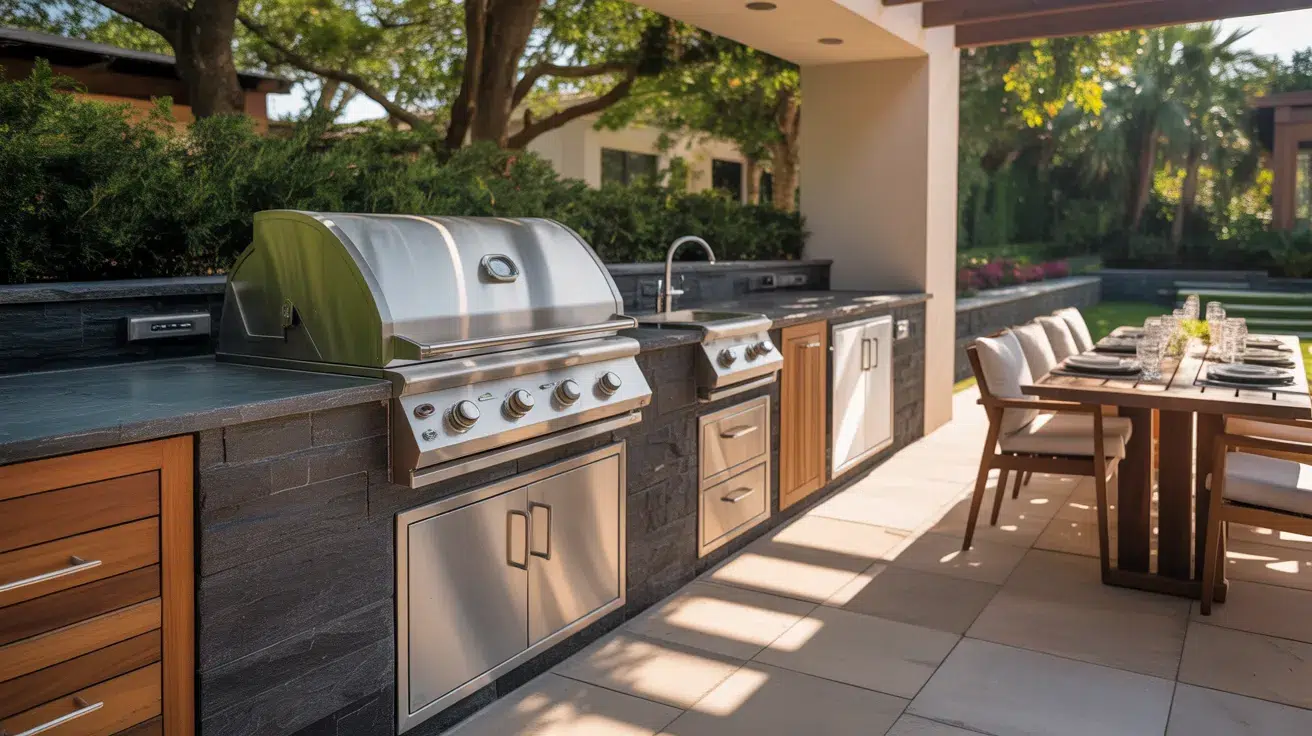 Built-in outdoor kitchen with BBQ grill on a backyard patio