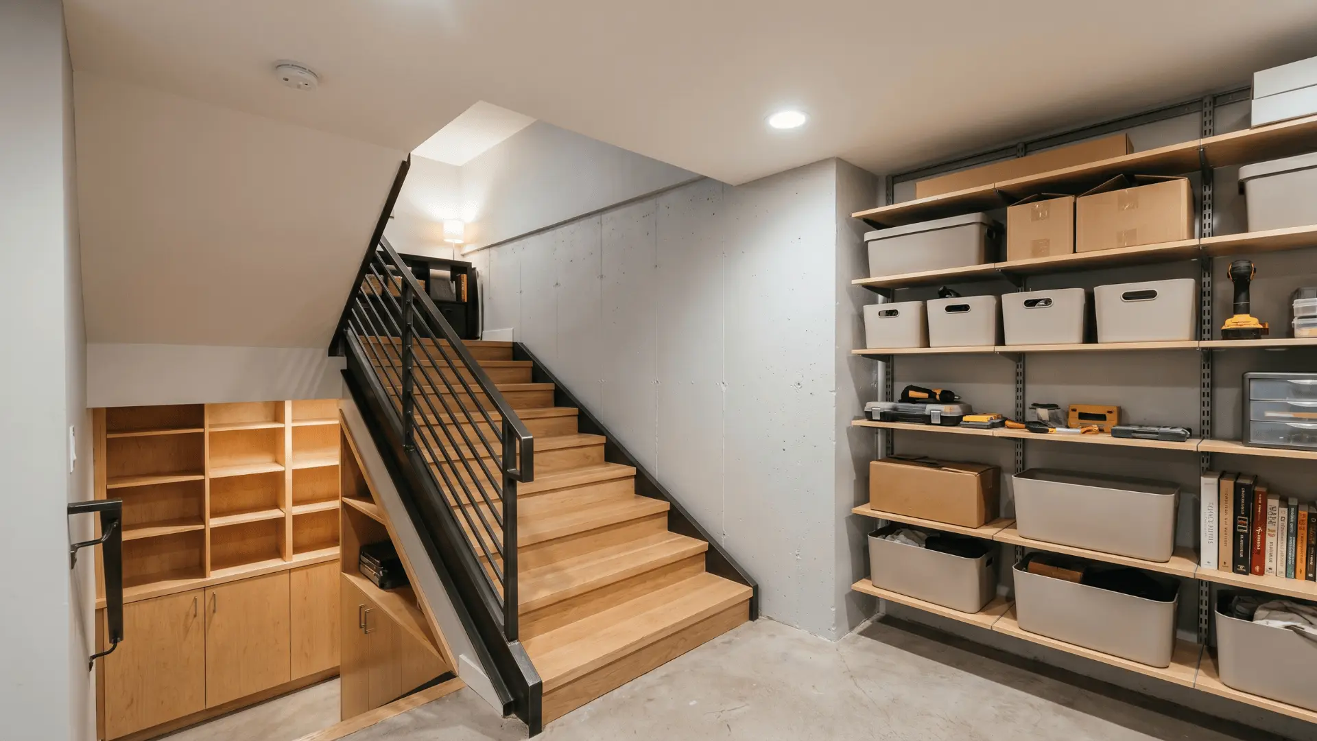 _Built-in storage shelving under basement stairs alongside floor-to-ceiling shelving on adjacent wall