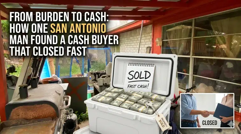 Outdoor patio with grill, cooler full of cash, and overlay of handshake image